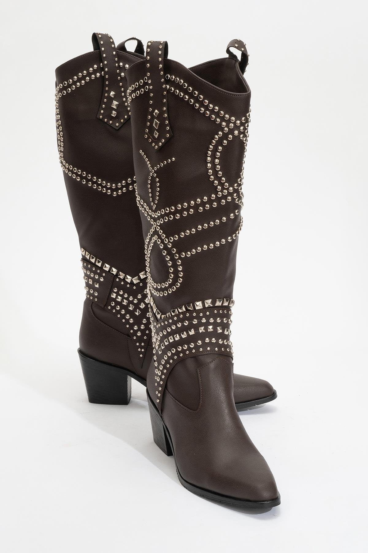 Draga - Brown Studded Block Heel Knee-High Boot – front three-quarter view showing leather, Vowalisse
