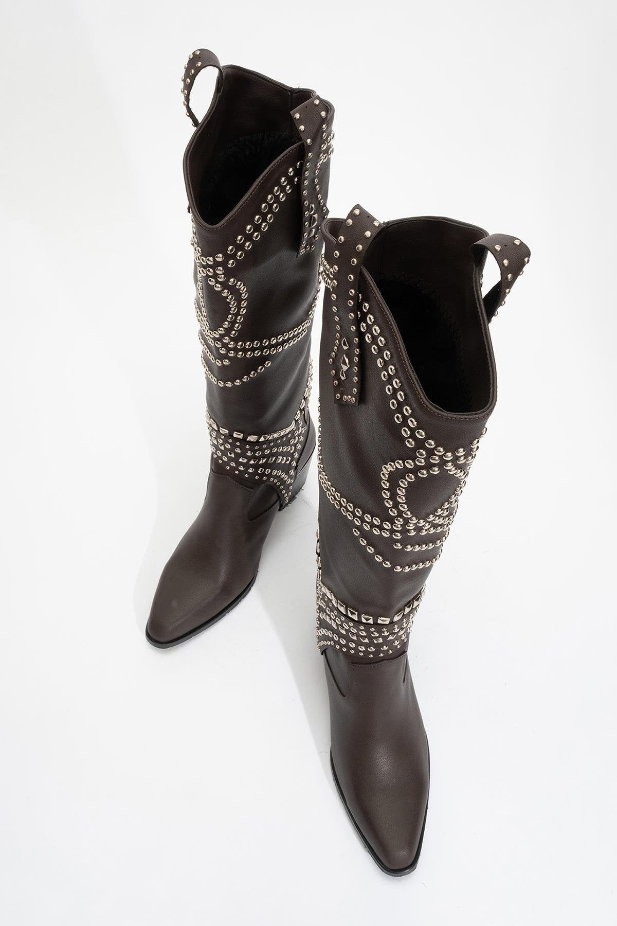 Draga - Brown Studded Block Heel Knee-High Boot – side view showing leather, Vowalisse