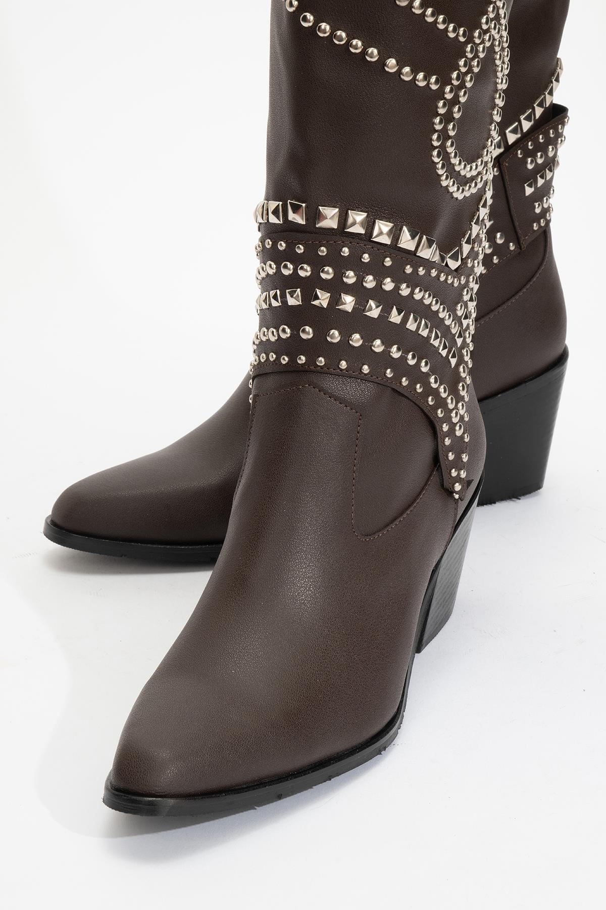 Draga - Brown Studded Block Heel Knee-High Boot – detail view showing leather, Vowalisse