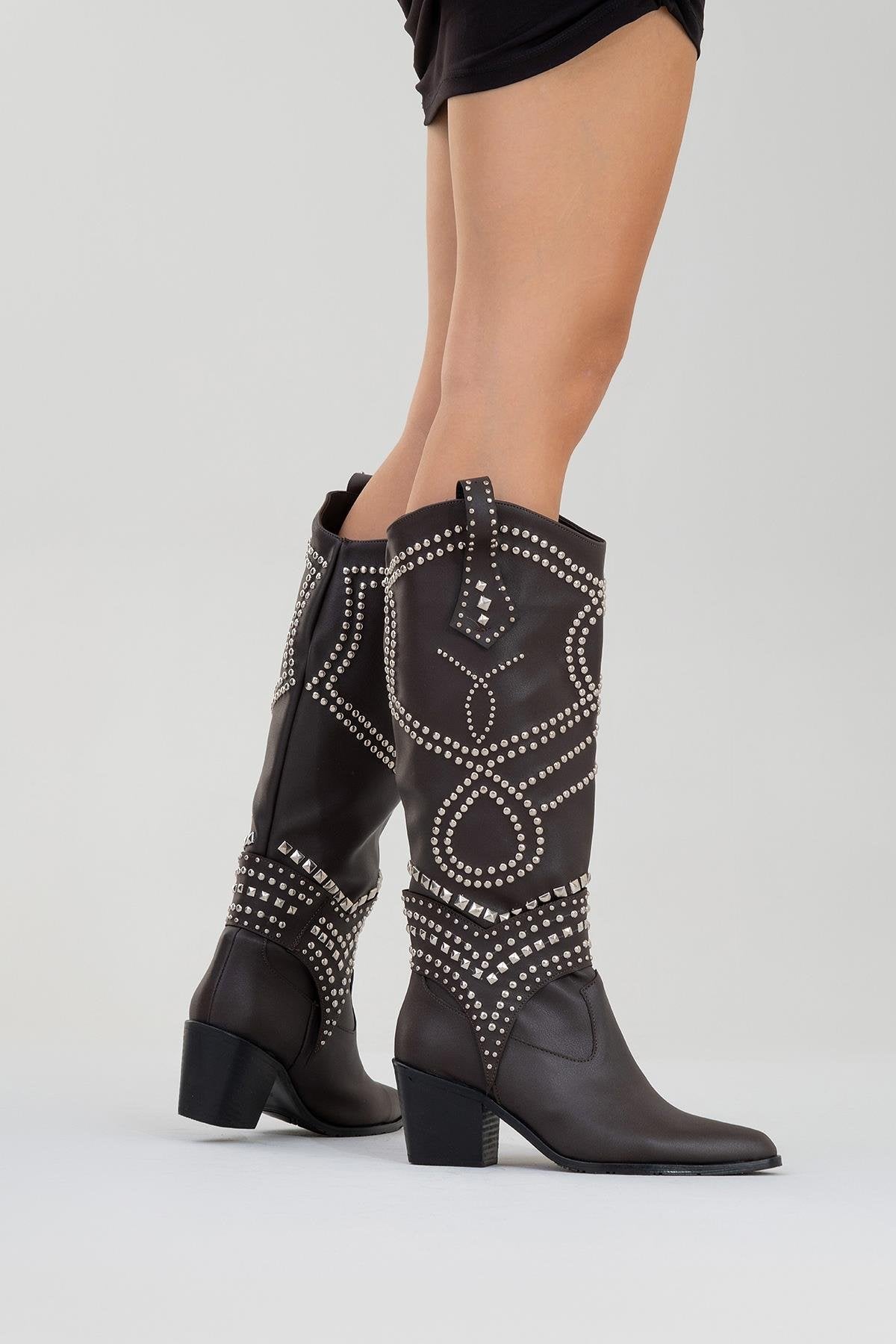 Draga - Brown Studded Block Heel Knee-High Boot – back view showing leather, Vowalisse