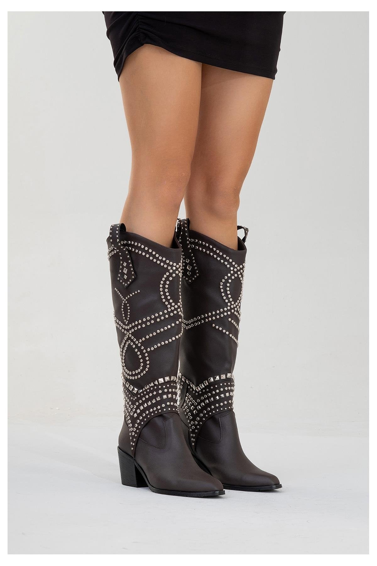 Draga - Brown Studded Block Heel Knee-High Boot – top view showing leather, Vowalisse