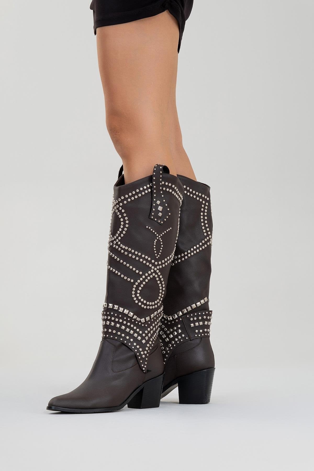 Draga - Brown Studded Block Heel Knee-High Boot – sole view showing leather, Vowalisse