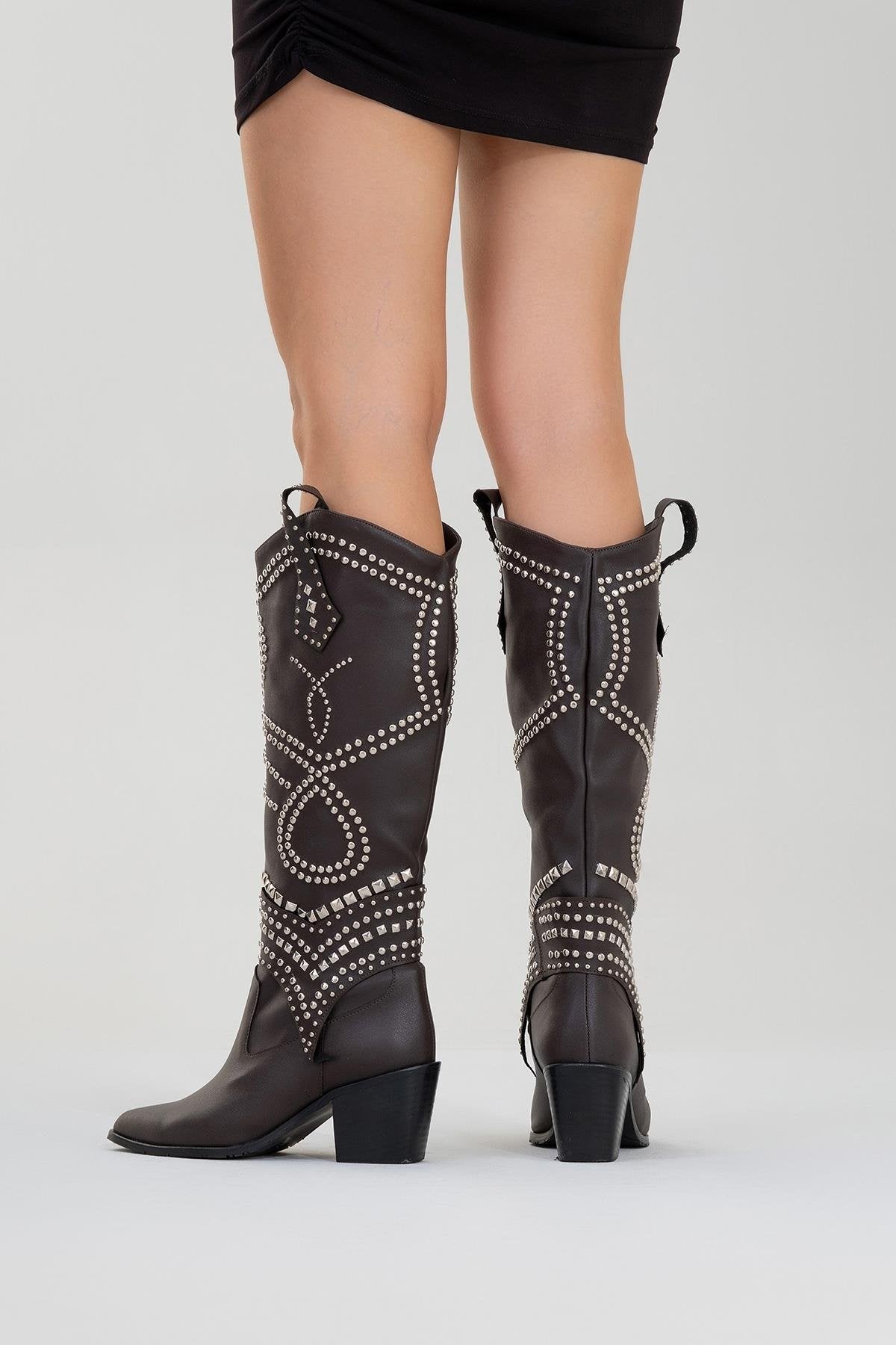 Draga - Brown Studded Block Heel Knee-High Boot – pair view showing leather, Vowalisse