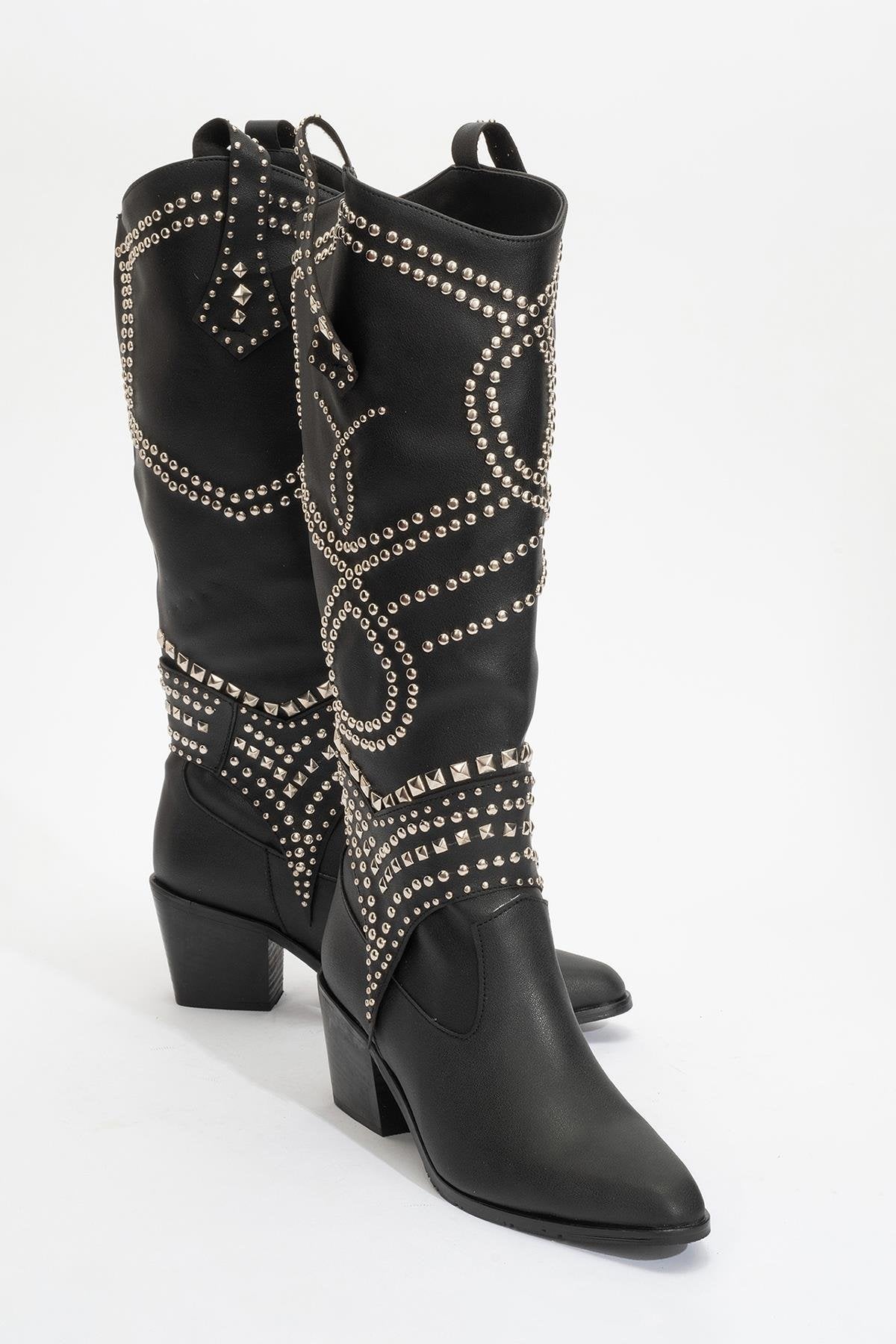 Draga - Black Studded Block Heel Knee-High Boot – front three-quarter view showing leather, black, Vowalisse