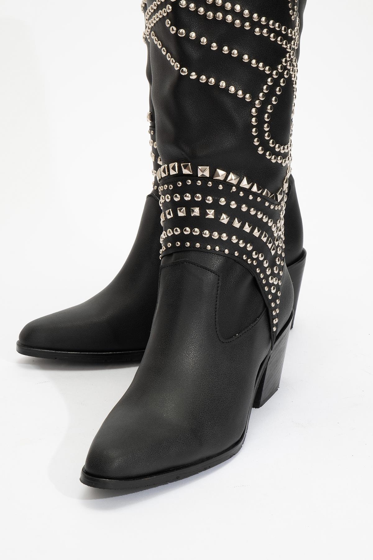 Draga - Black Studded Block Heel Knee-High Boot – detail view showing leather, black, Vowalisse