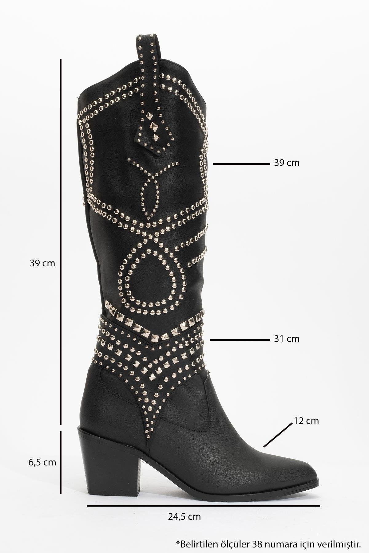 Draga - Black Studded Block Heel Knee-High Boot – heel view showing leather, black, Vowalisse