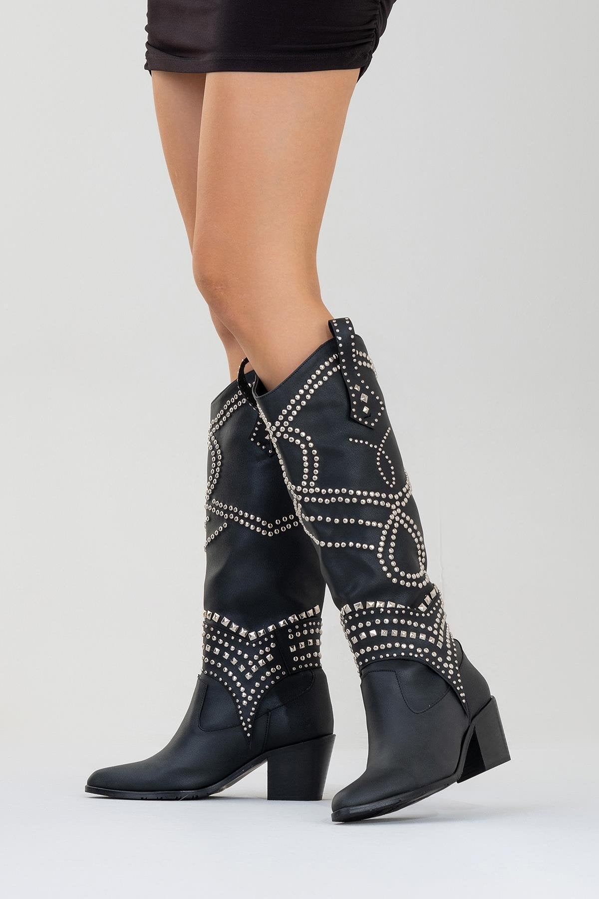 Draga - Black Studded Block Heel Knee-High Boot – back view showing leather, black, Vowalisse