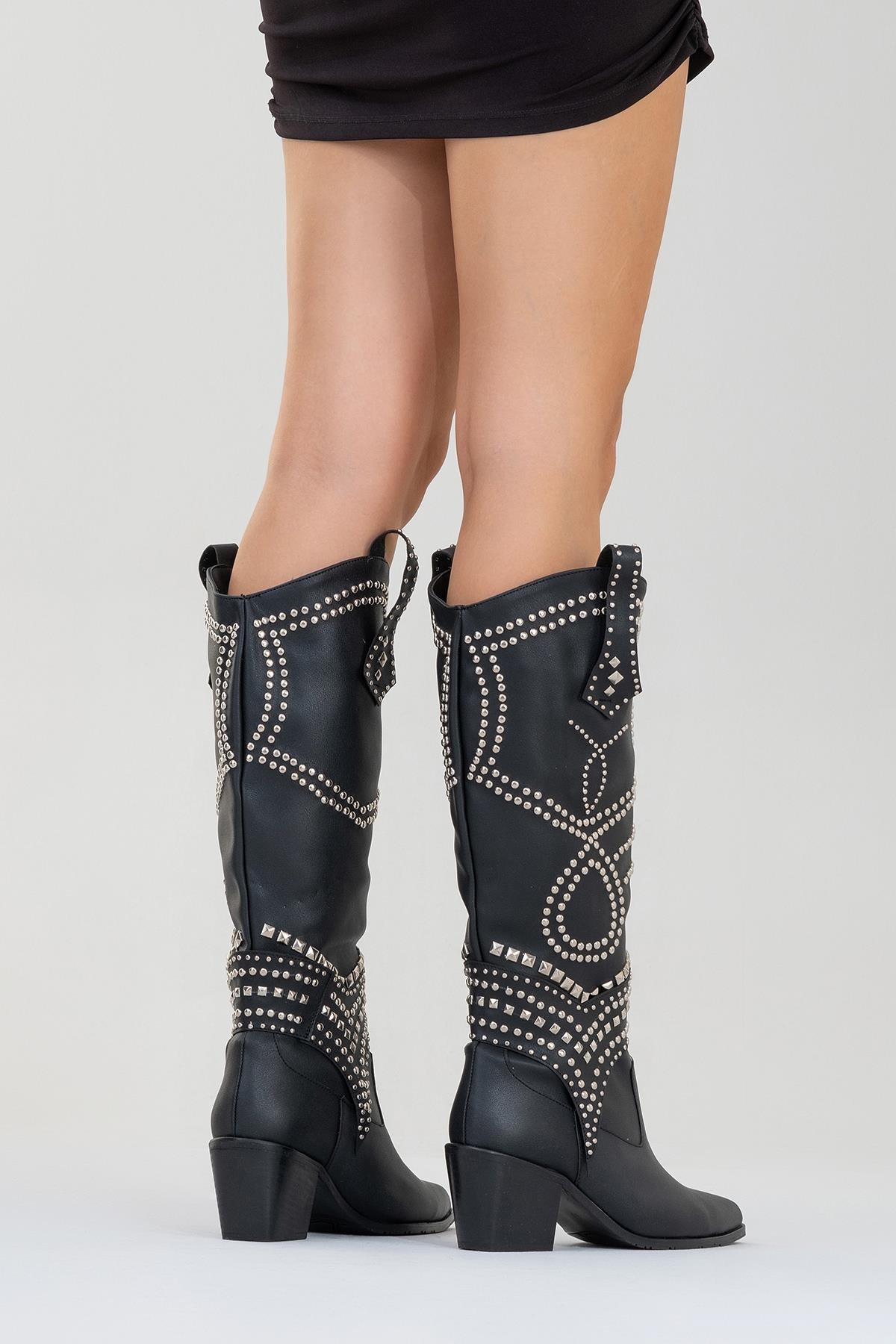 Draga - Black Studded Block Heel Knee-High Boot – top view showing leather, black, Vowalisse