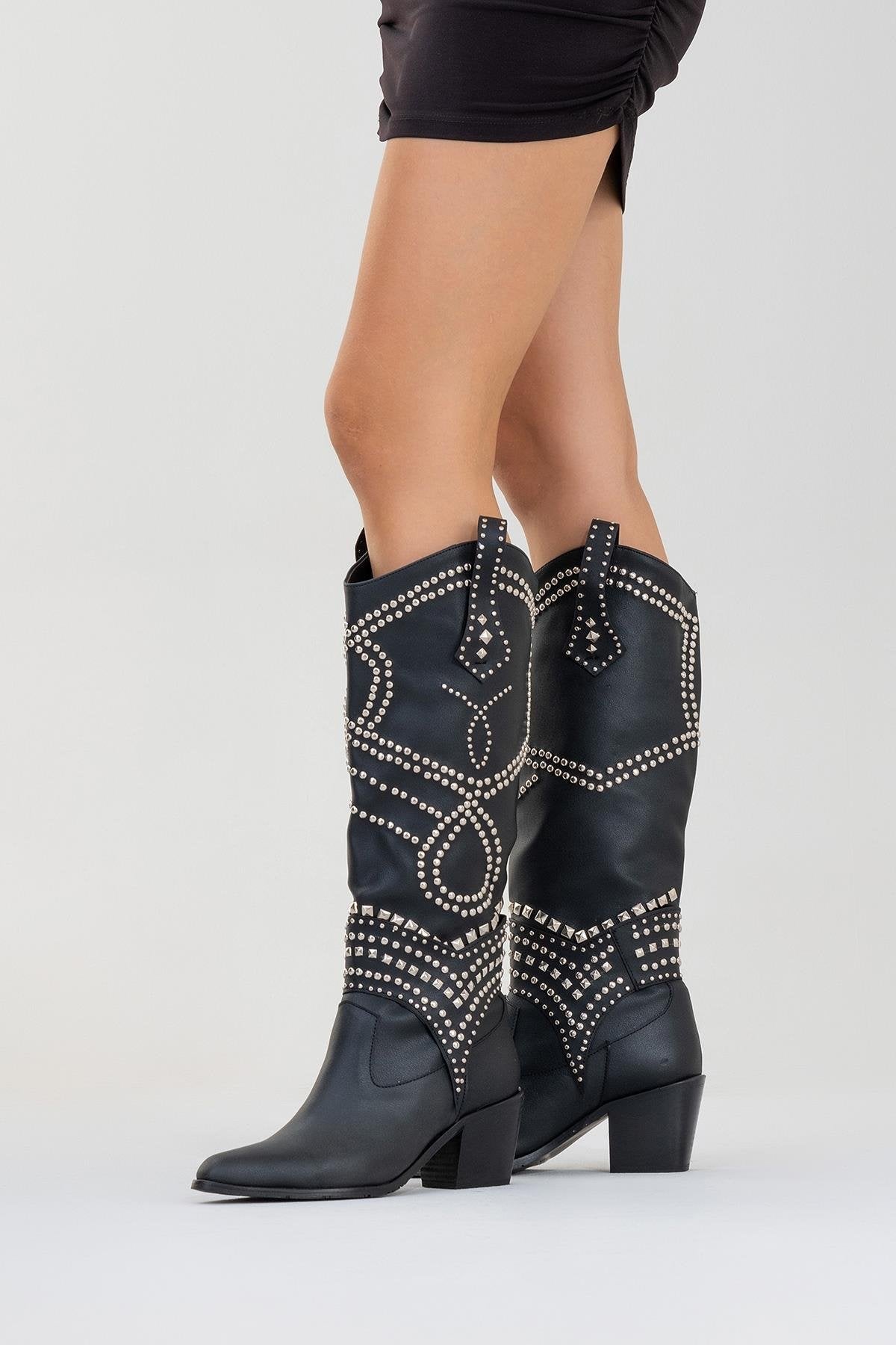 Draga - Black Studded Block Heel Knee-High Boot – sole view showing leather, black, Vowalisse