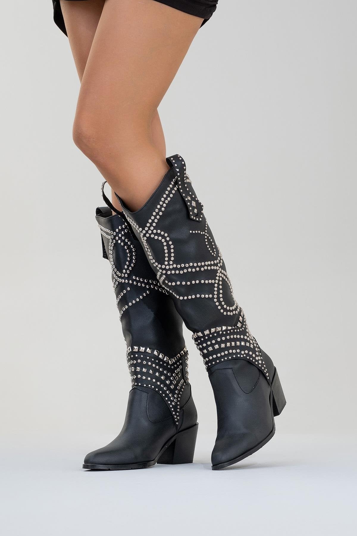 Draga - Black Studded Block Heel Knee-High Boot – pair view showing leather, black, Vowalisse
