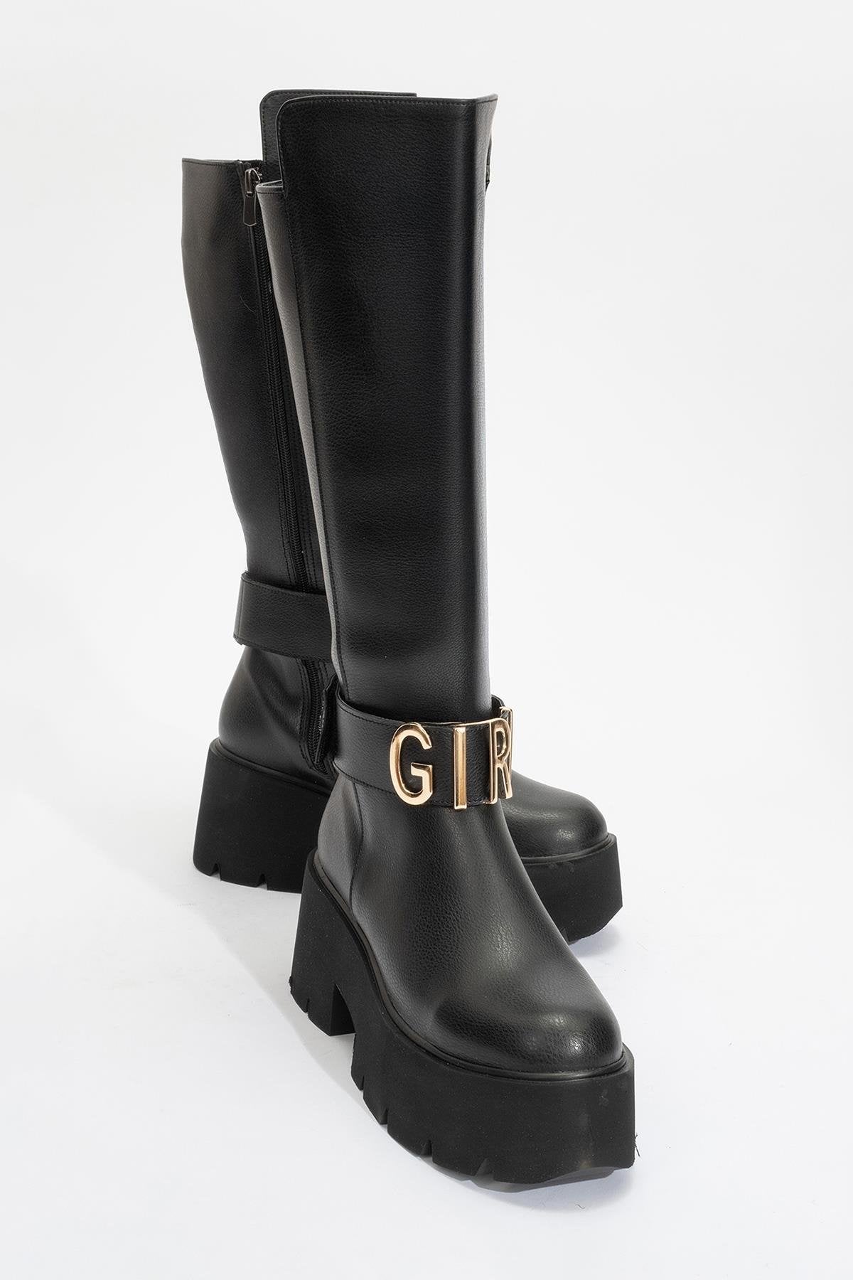 Doras - Black Platform Heel Knee-High Boot – front three-quarter view showing leather, black, Vowalisse