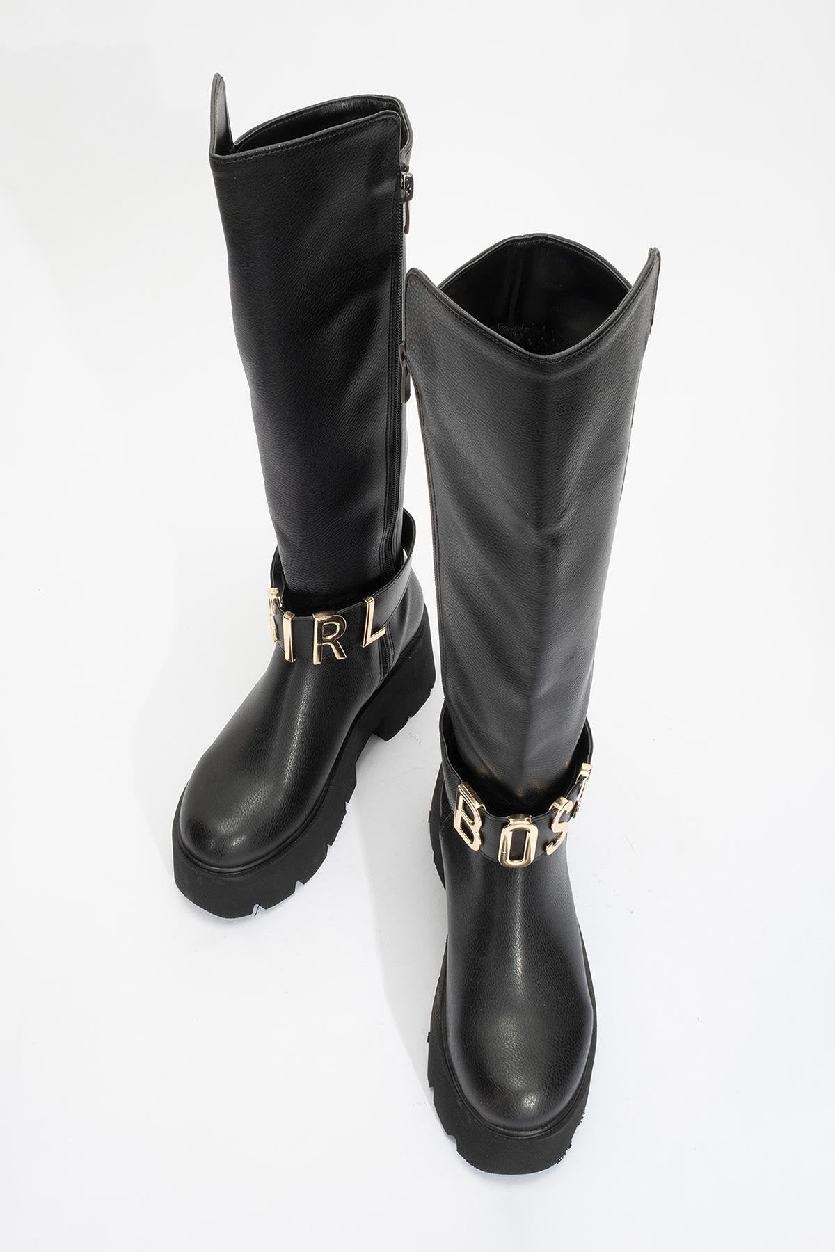 Doras - Black Platform Heel Knee-High Boot – side view showing leather, black, Vowalisse