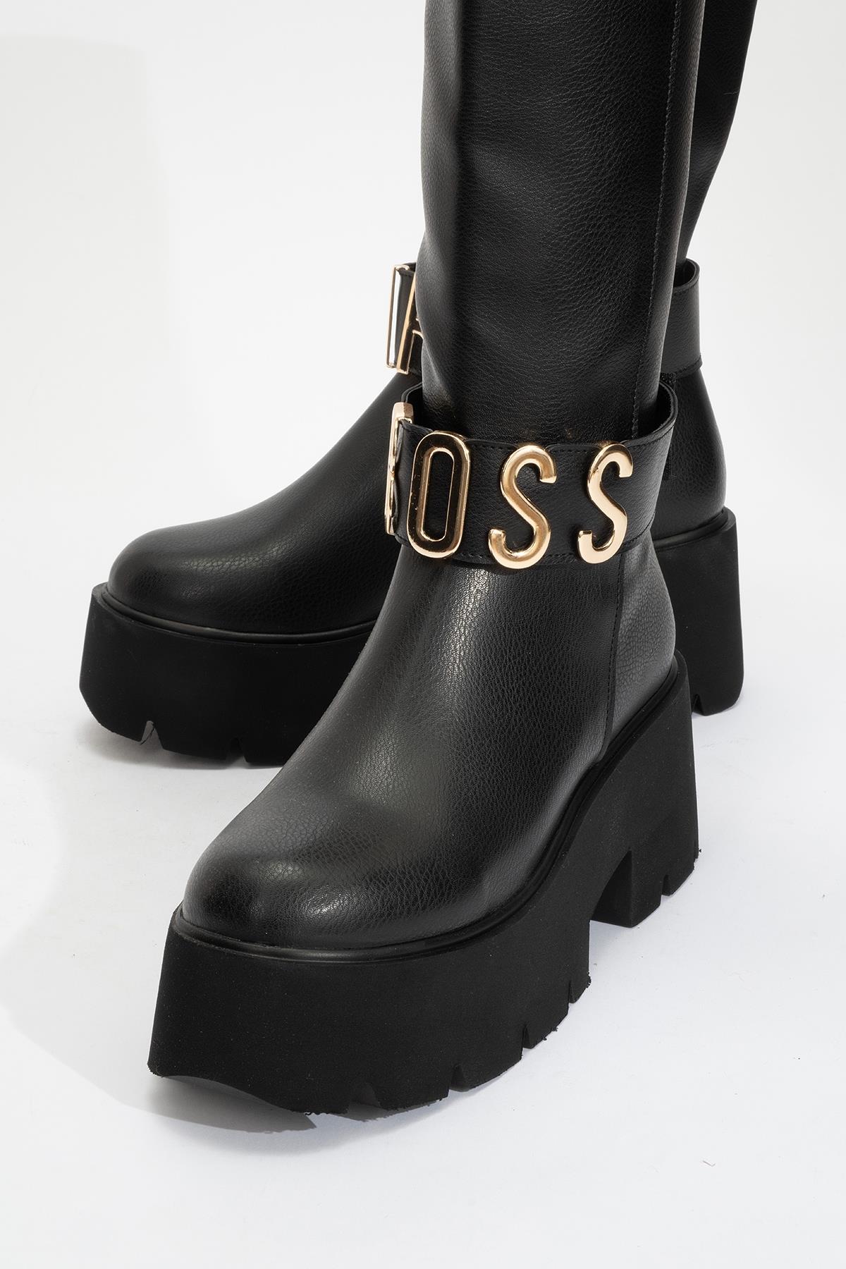 Doras - Black Platform Heel Knee-High Boot – detail view showing leather, black, Vowalisse