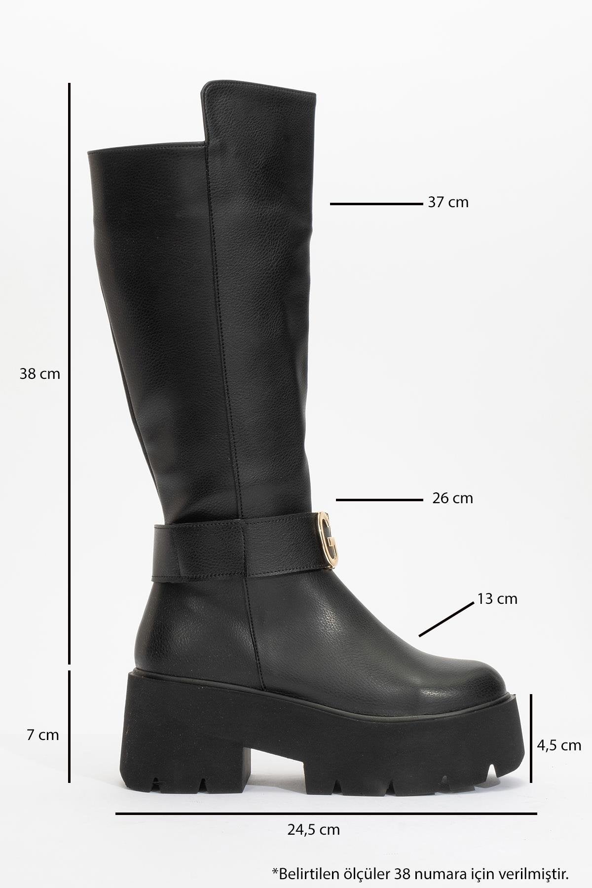 Doras - Black Platform Heel Knee-High Boot – heel view showing leather, black, Vowalisse
