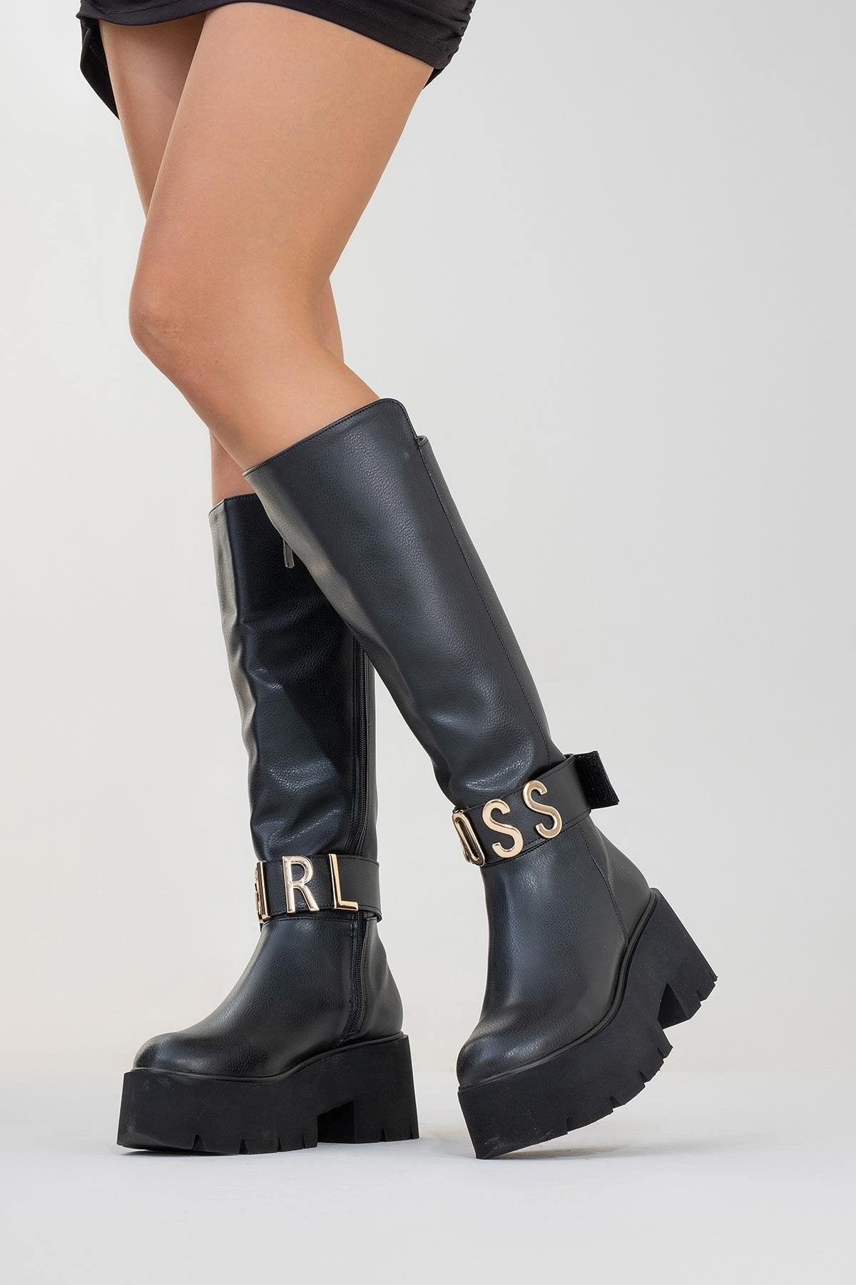 Doras - Black Platform Heel Knee-High Boot – back view showing leather, black, Vowalisse