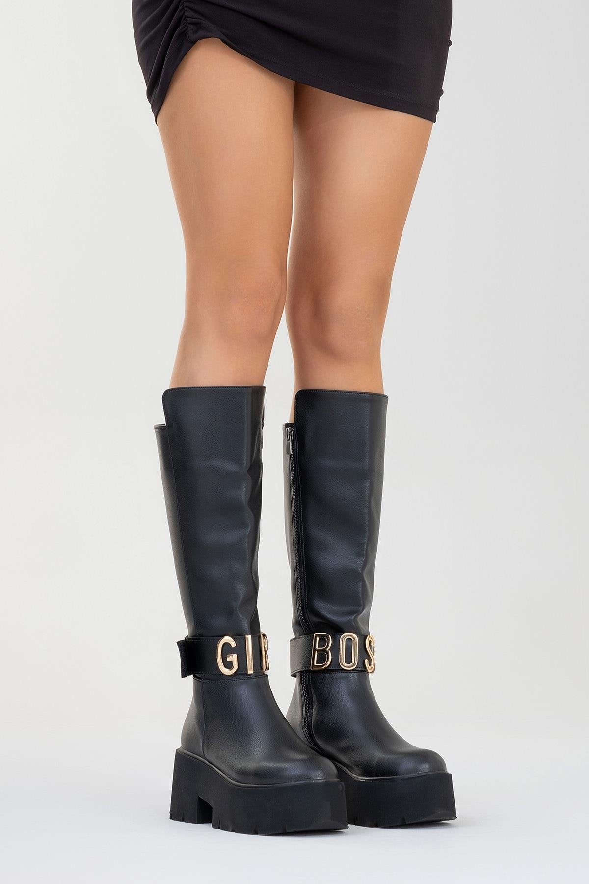 Doras - Black Platform Heel Knee-High Boot – top view showing leather, black, Vowalisse