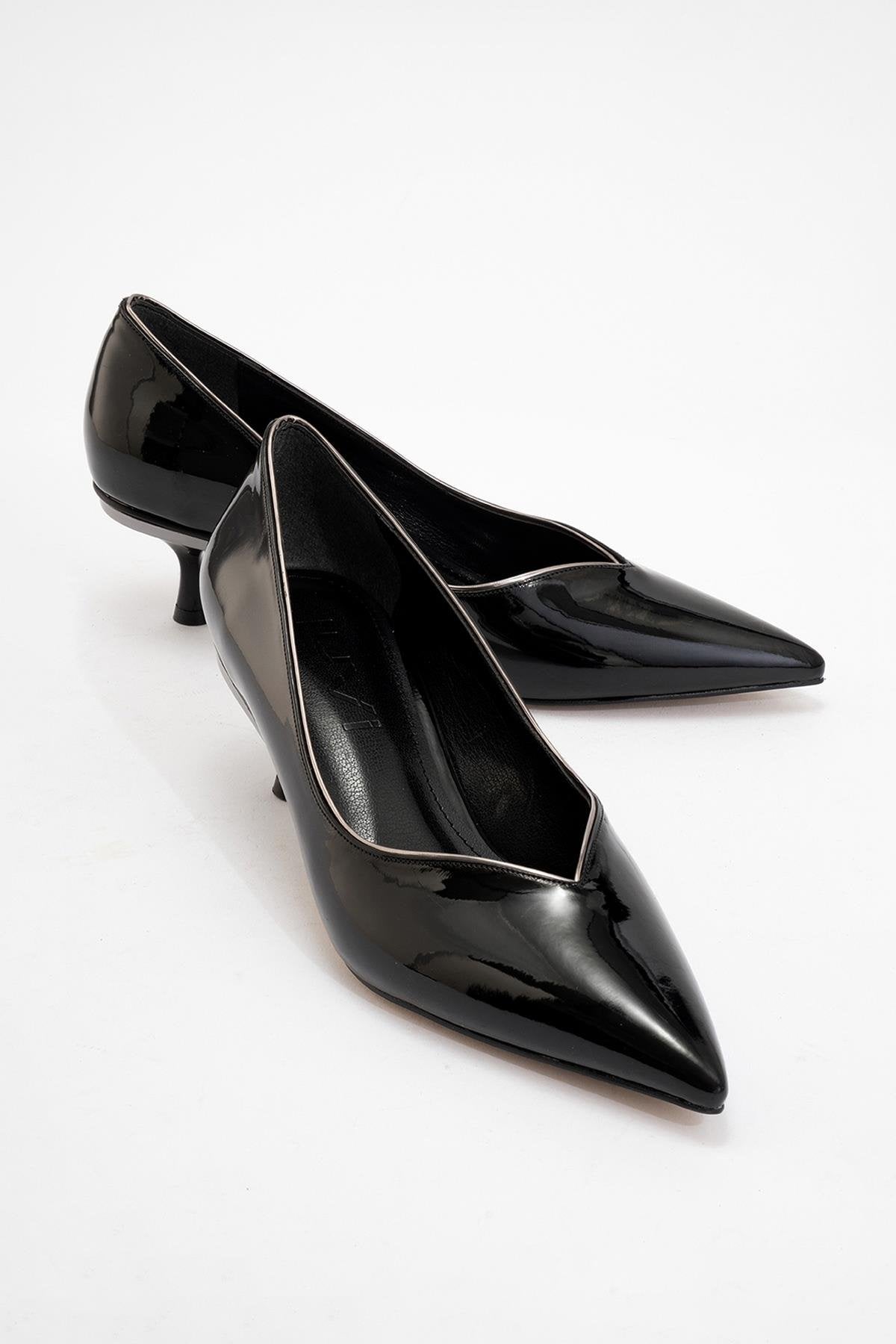 Eupho - Black Patent Platinum Low-Heel Shoe – front three-quarter view showing leather, metallic, black, Vowalisse