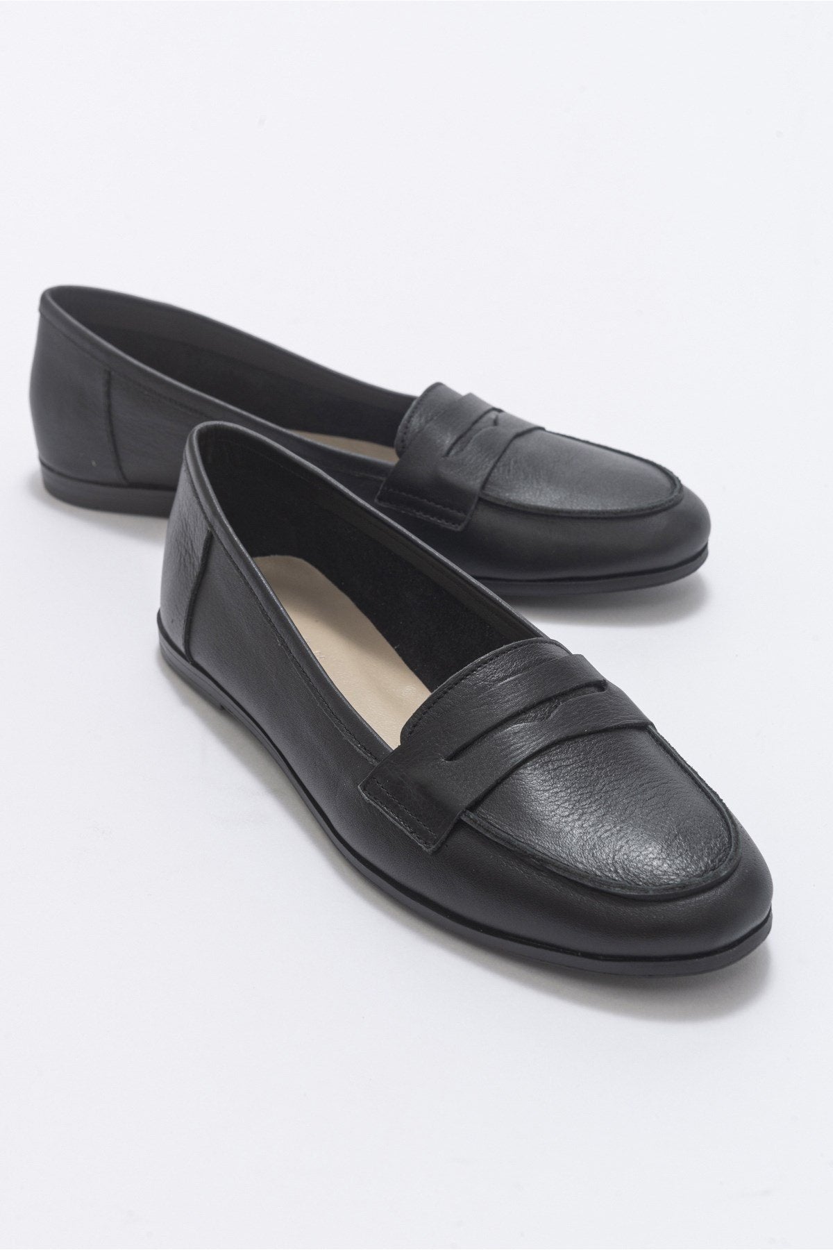 Dorothy - Black Leather Loafers – front three-quarter view showing leather, suede, black, Vowalisse