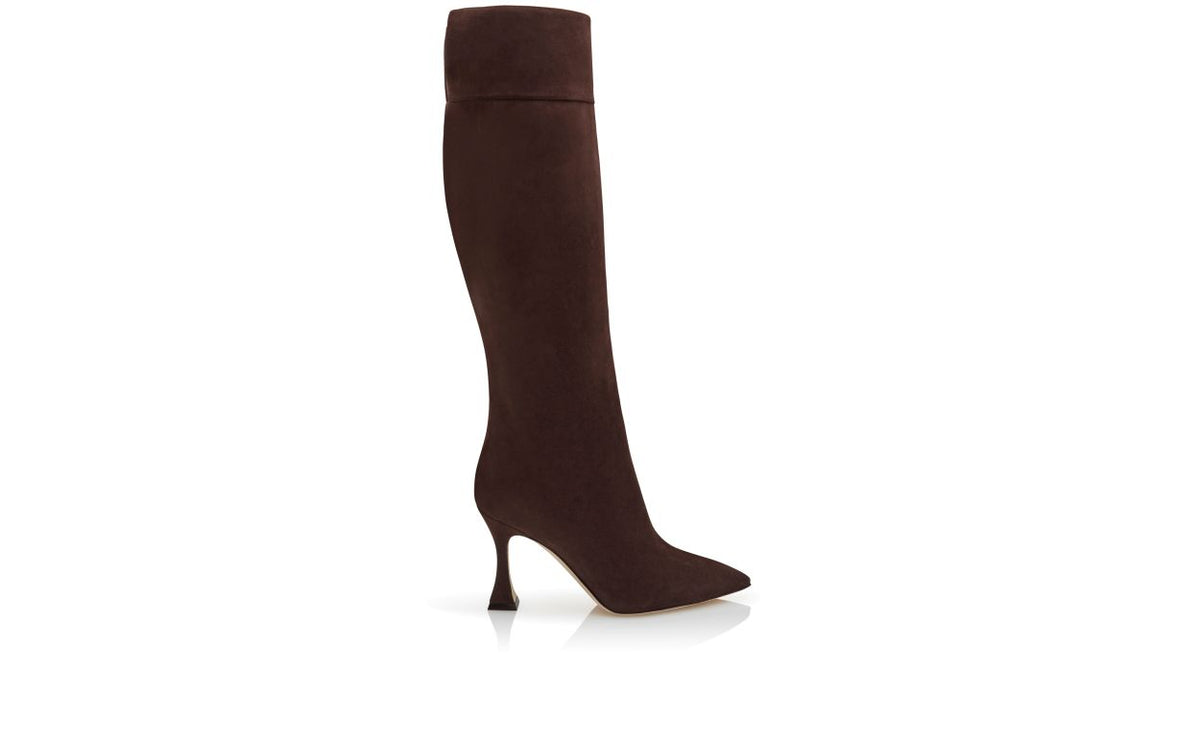 Magnolia Lace Brown Pointed Toe Knee-High Boots – side profile showing brown pointed toe, suede, Vowalisse