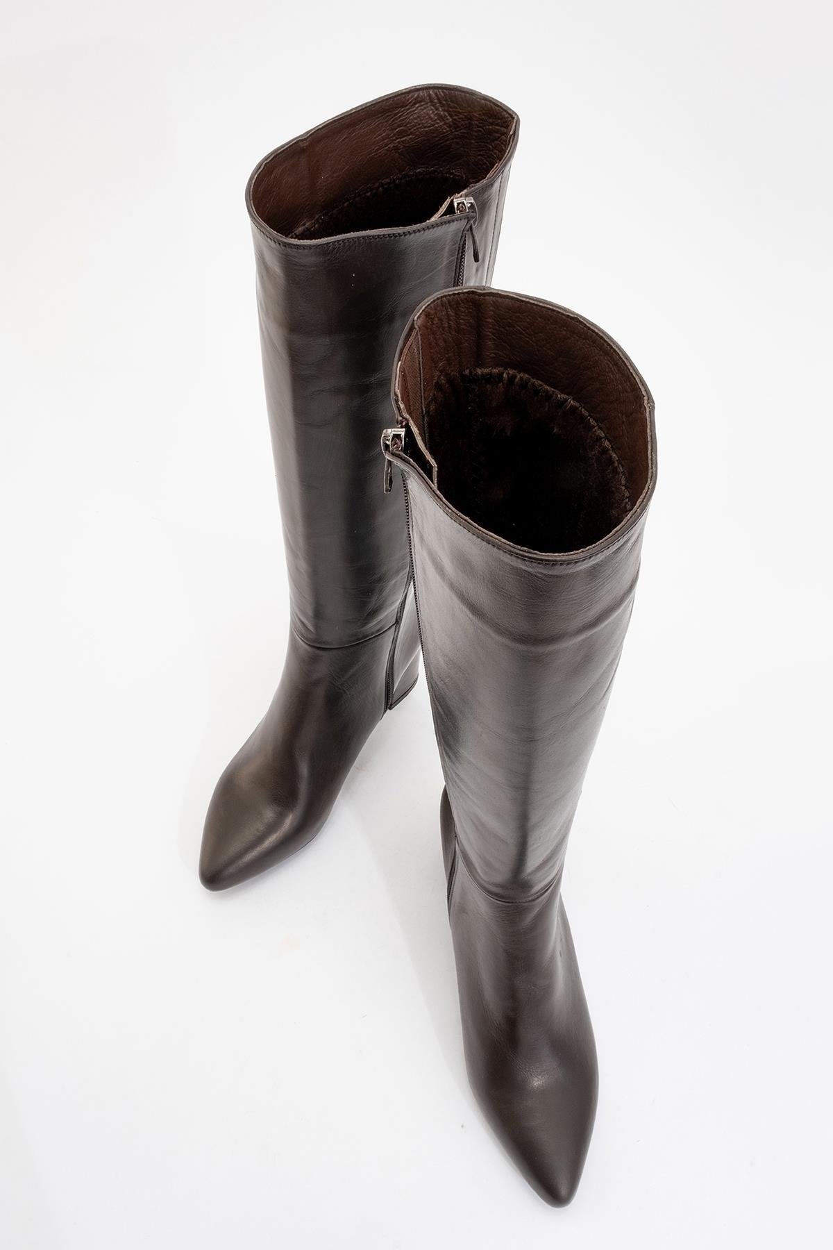 Sejas - Cognac Genuine Leather Block Heel Knee-High Boot – side view showing leather, Vowalisse