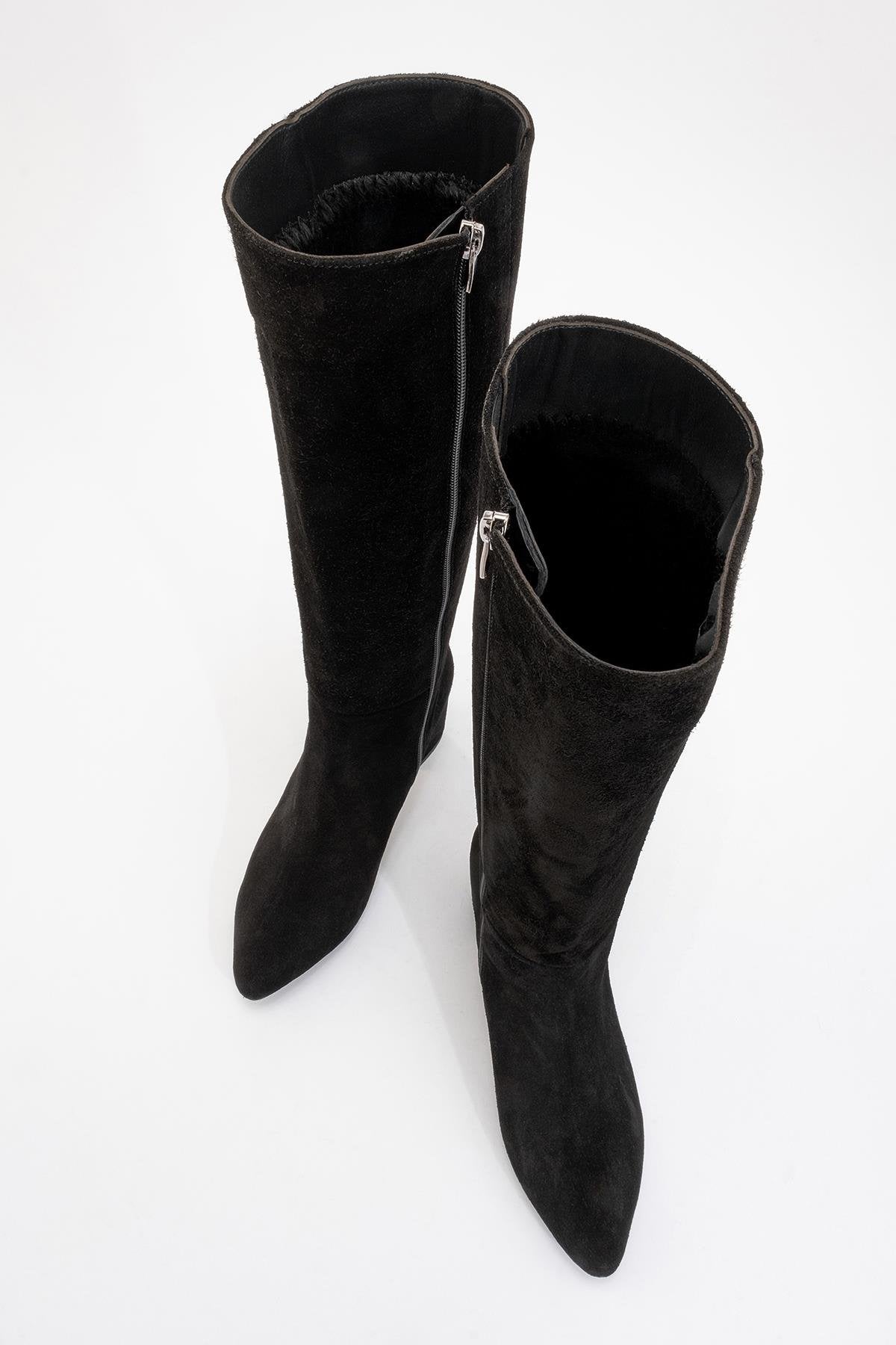 Sejas - Black Suede Genuine Leather Block Heel Knee-High Boot – side view showing leather, suede, black, Vowalisse