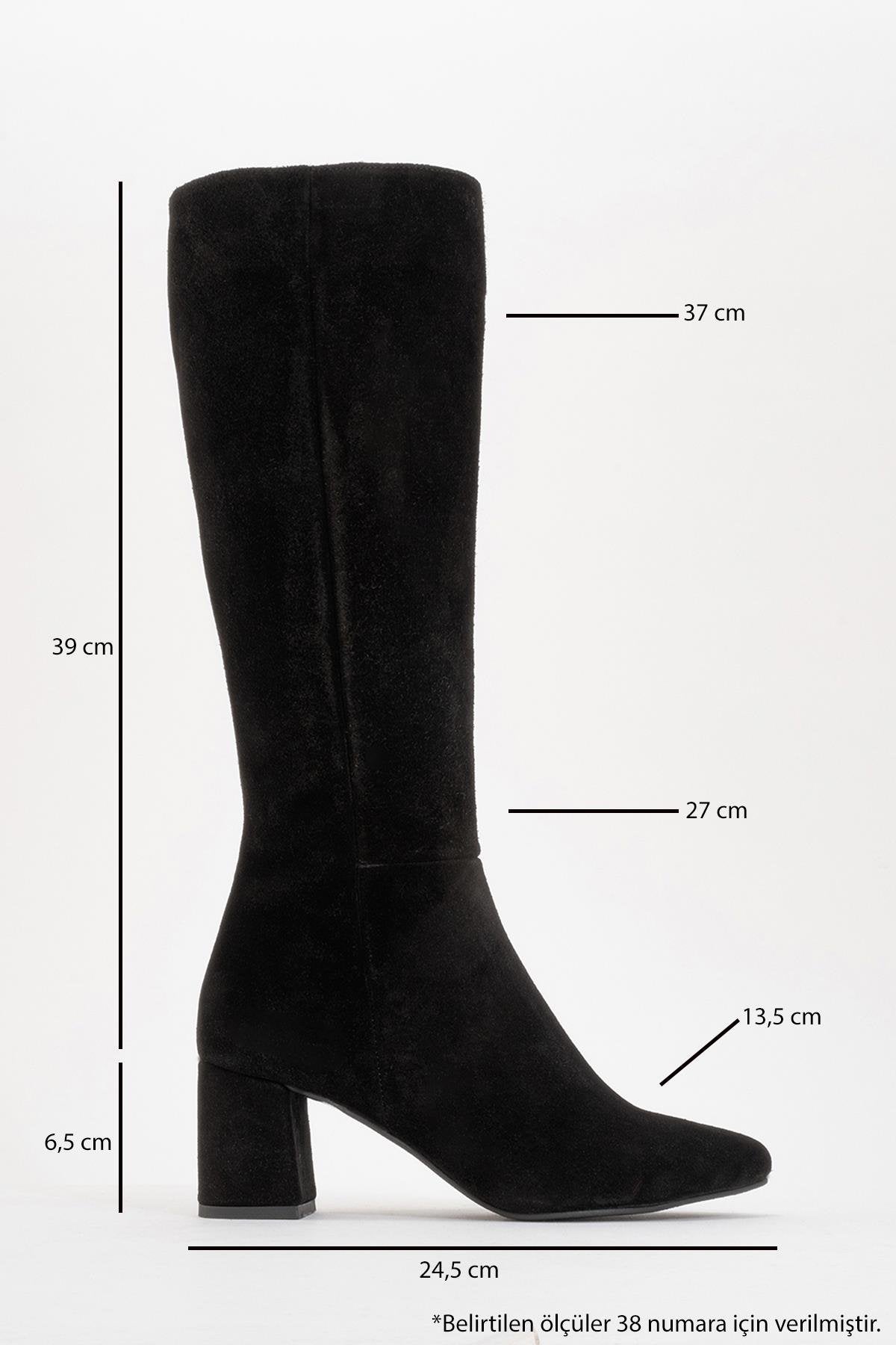 Sejas - Black Suede Genuine Leather Block Heel Knee-High Boot – heel view showing leather, suede, black, Vowalisse