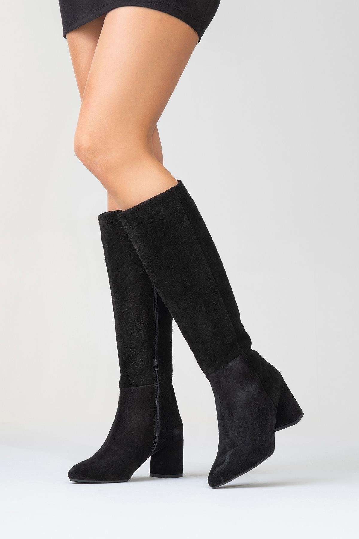 Sejas - Black Suede Genuine Leather Block Heel Knee-High Boot – back view showing leather, suede, black, Vowalisse