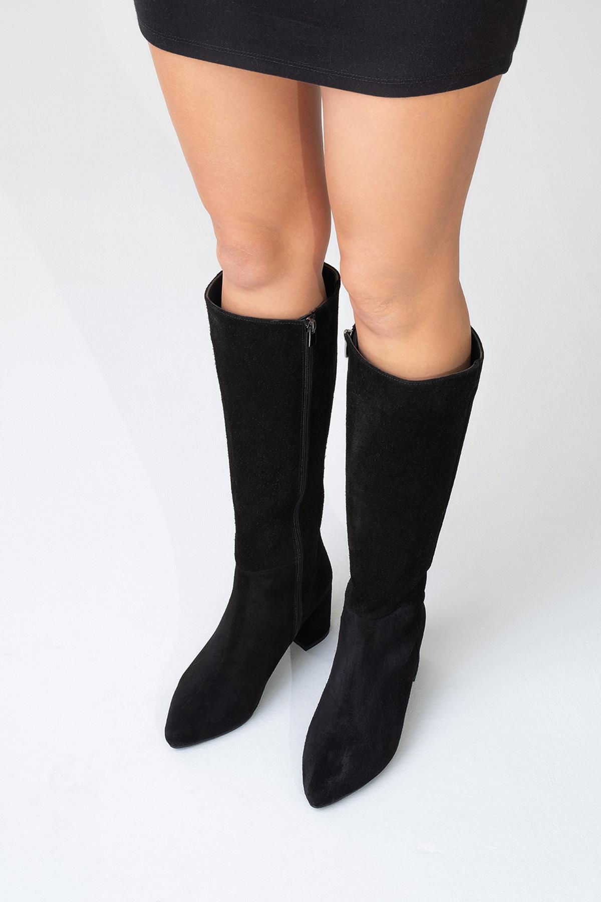 Sejas - Black Suede Genuine Leather Block Heel Knee-High Boot – top view showing leather, suede, black, Vowalisse