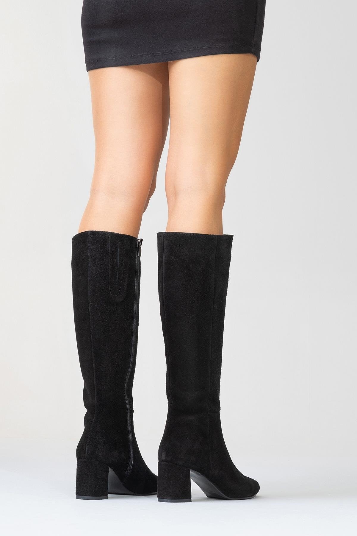 Sejas - Black Suede Genuine Leather Block Heel Knee-High Boot – sole view showing leather, suede, black, Vowalisse