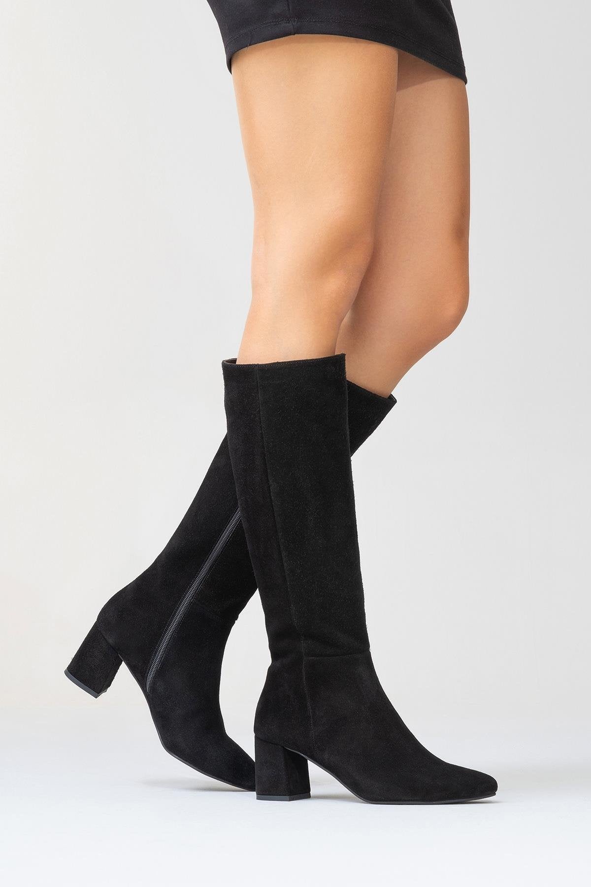 Sejas - Black Suede Genuine Leather Block Heel Knee-High Boot – pair view showing leather, suede, black, Vowalisse