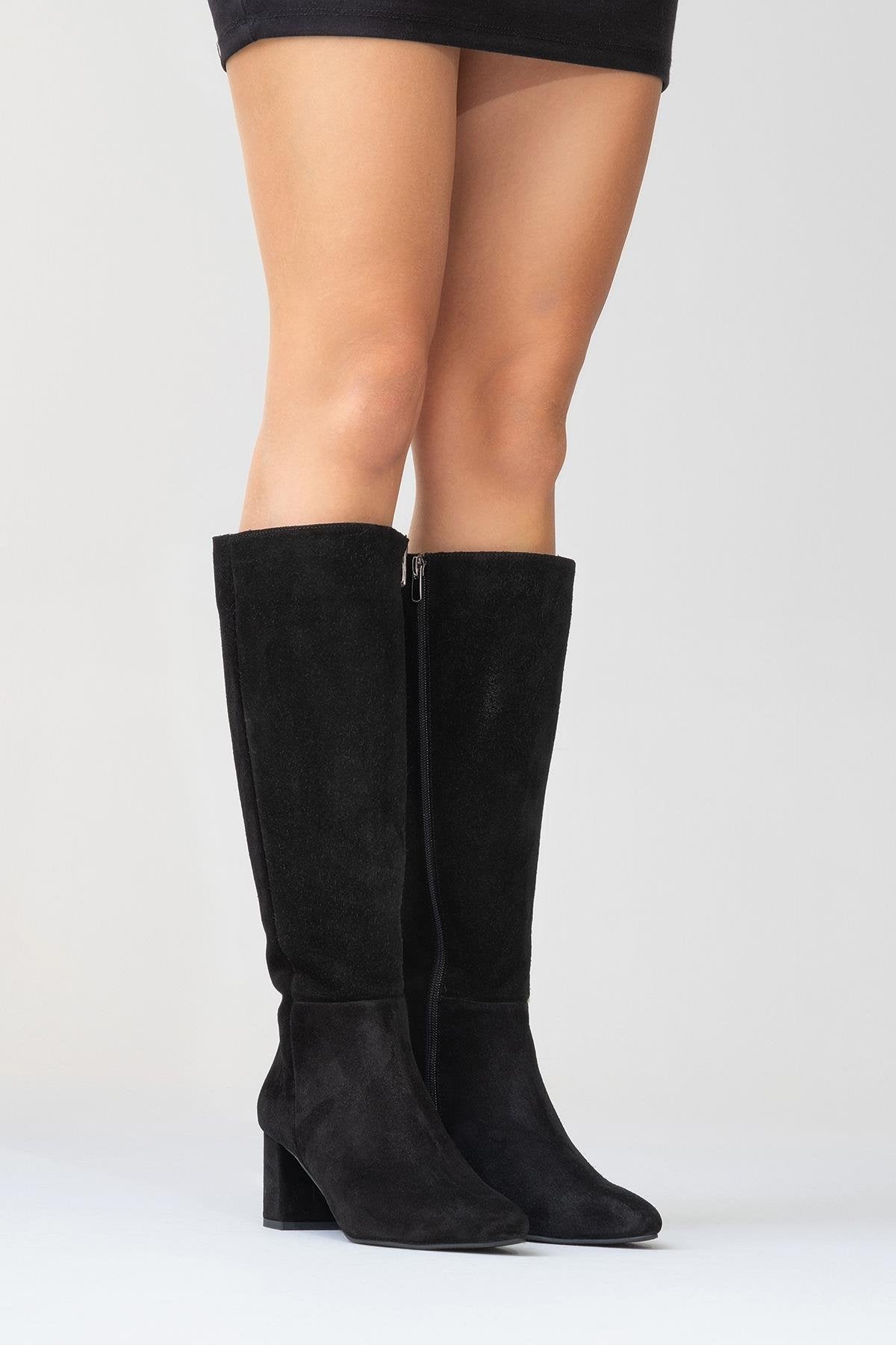 Sejas - Black Suede Genuine Leather Block Heel Knee-High Boot – product view 9 showing leather, suede, black, Vowalisse