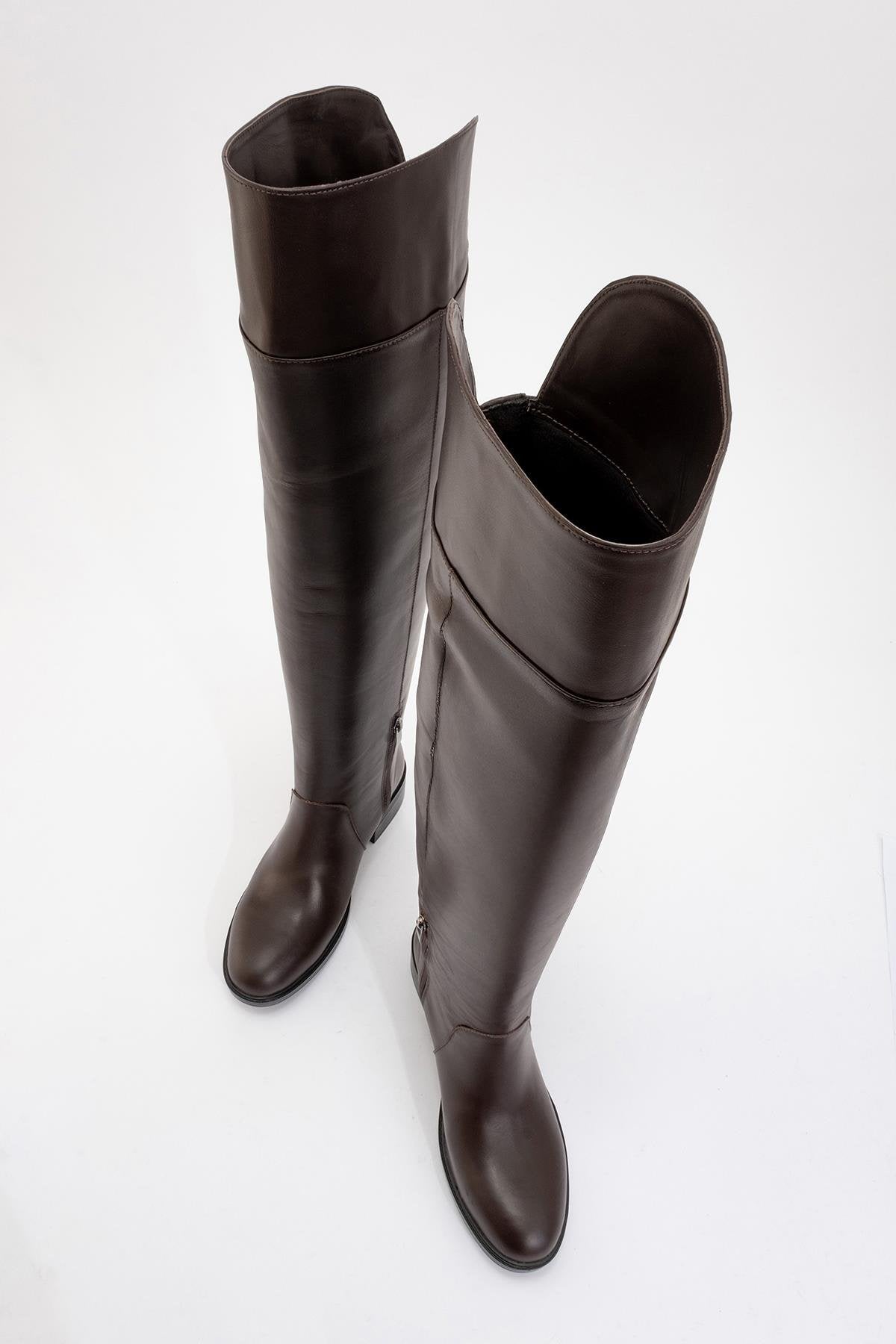 Petya - Brown Genuine Leather Over-The-Knee Boot – side view showing leather, Vowalisse