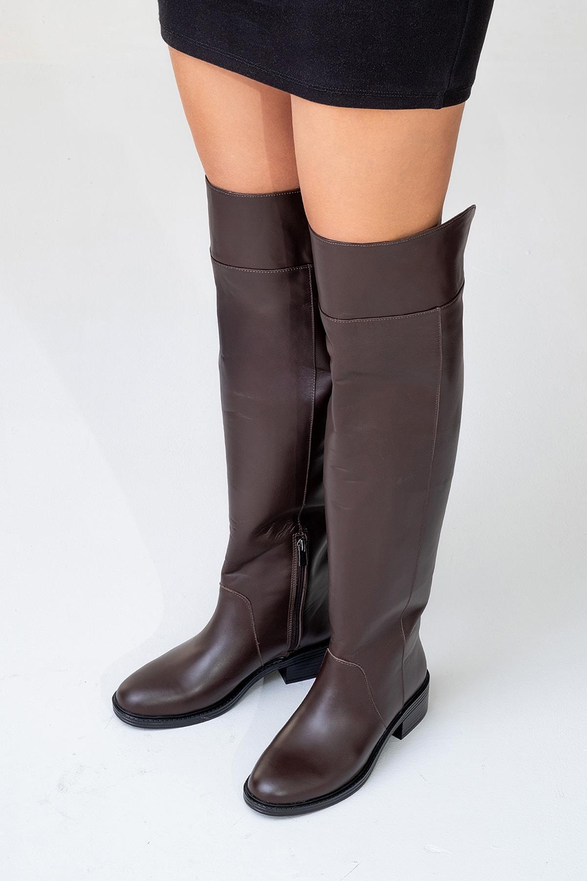 Petya - Brown Genuine Leather Over-The-Knee Boot – top view showing leather, Vowalisse