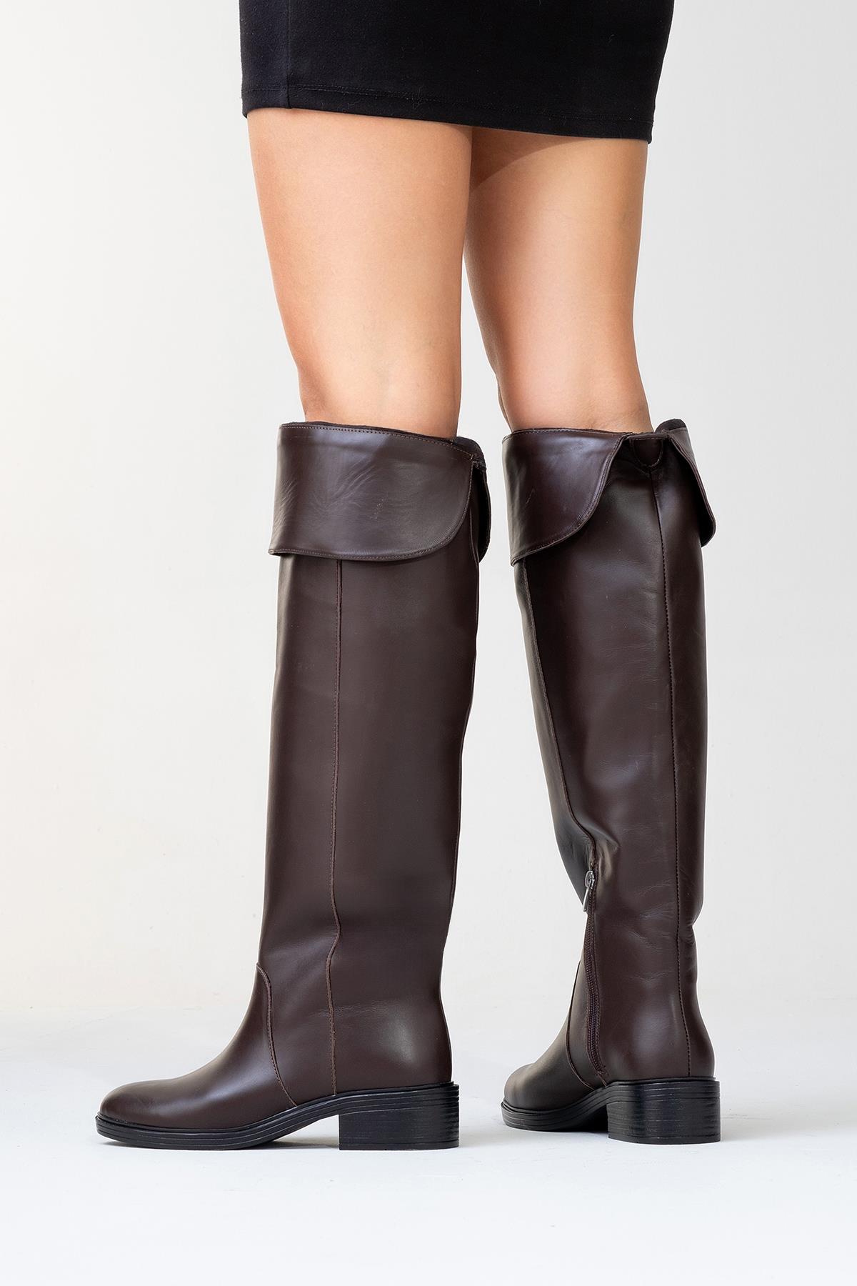 Petya - Brown Genuine Leather Over-The-Knee Boot – pair view showing leather, Vowalisse