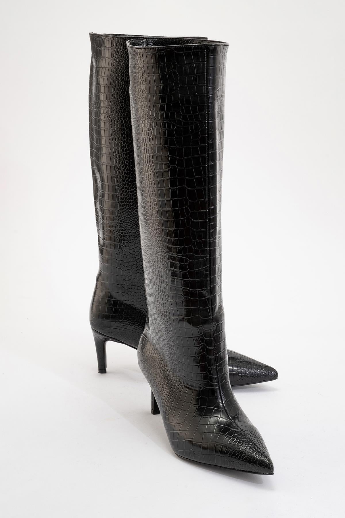 Camila - Black Printed Knee-High Boot – front three-quarter view showing leather, black, Vowalisse