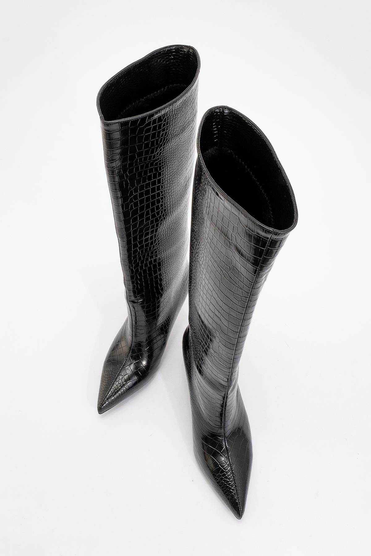 Camila - Black Printed Knee-High Boot – side view showing leather, black, Vowalisse