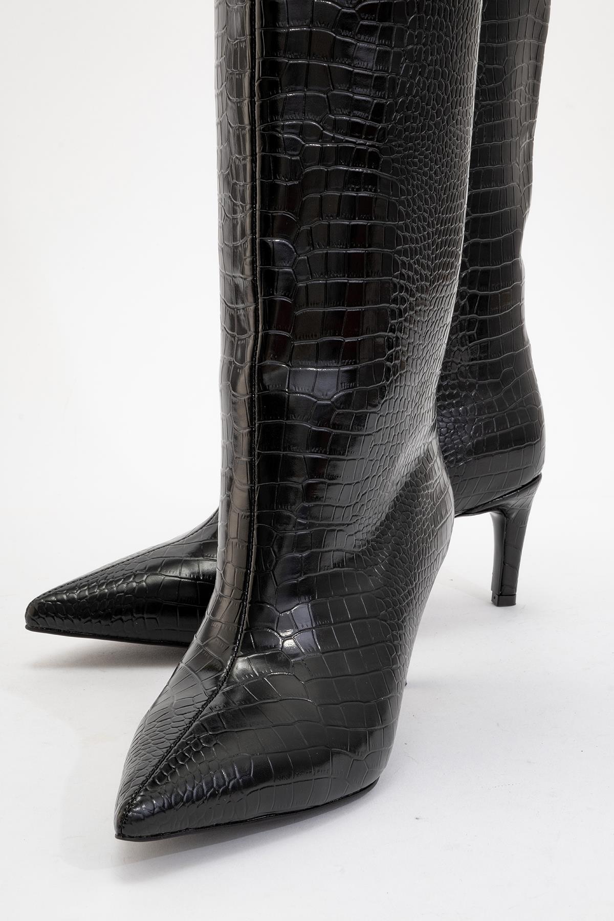 Camila - Black Printed Knee-High Boot – detail view showing leather, black, Vowalisse