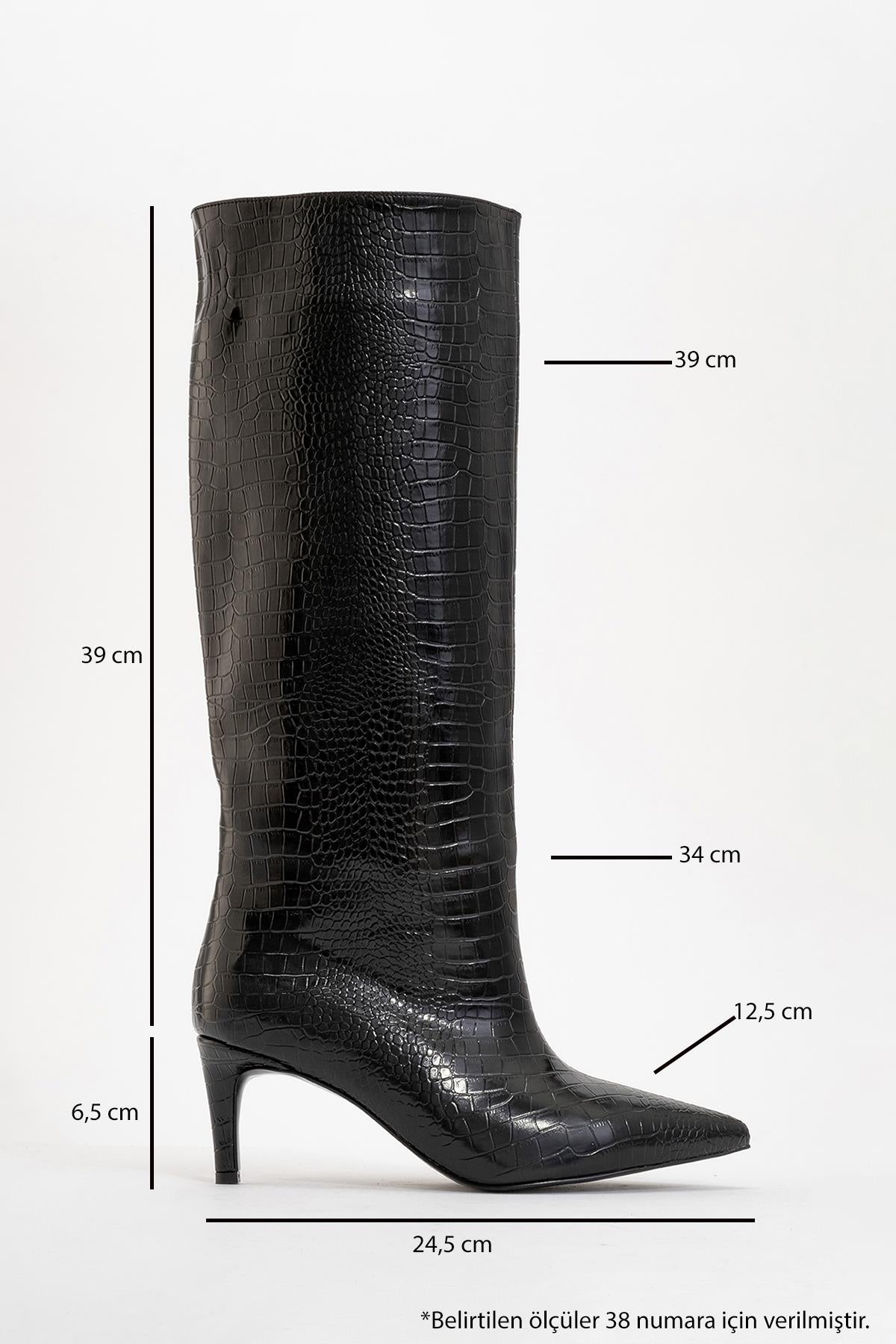 Camila - Black Printed Knee-High Boot – heel view showing leather, black, Vowalisse