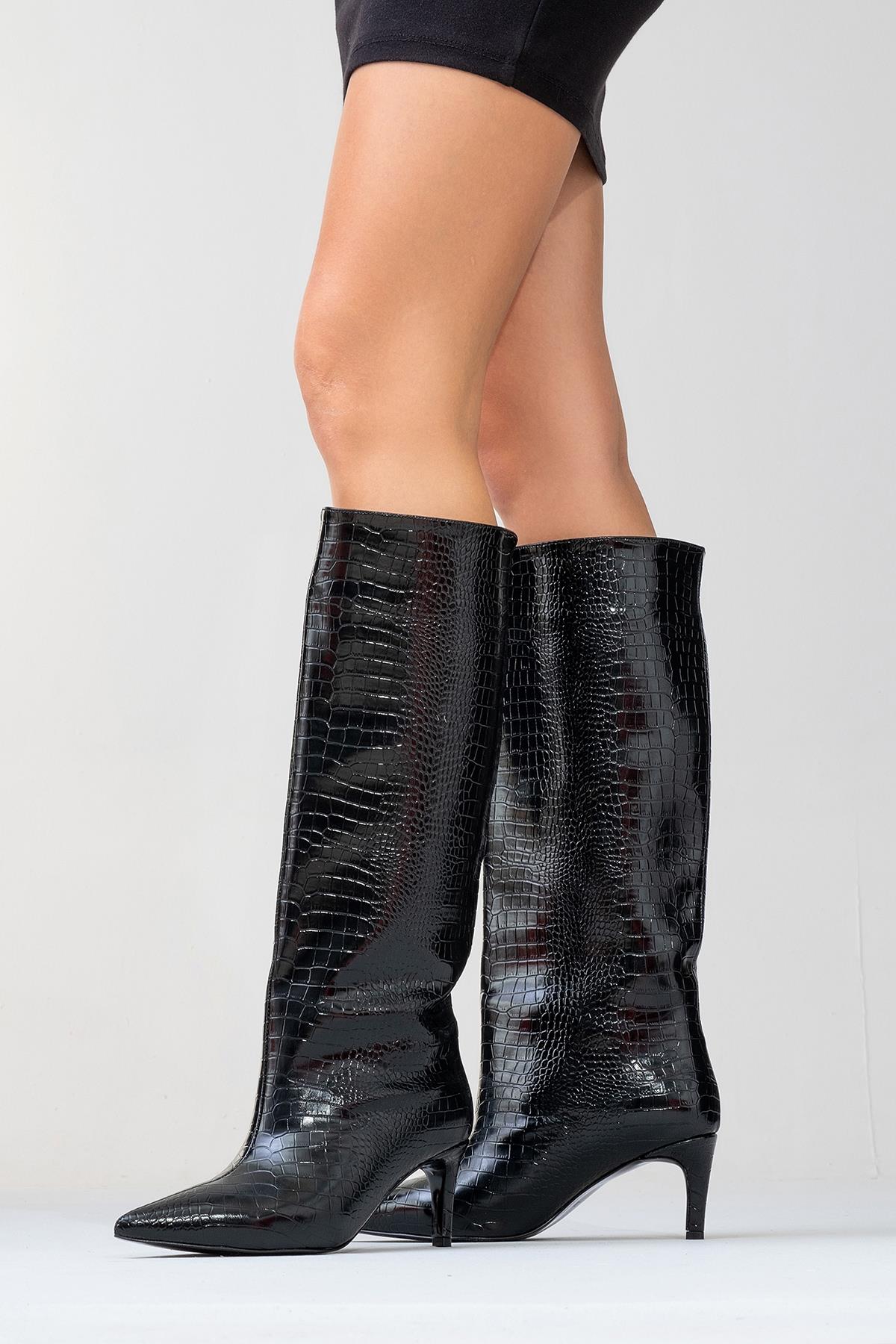 Camila - Black Printed Knee-High Boot – top view showing leather, black, Vowalisse