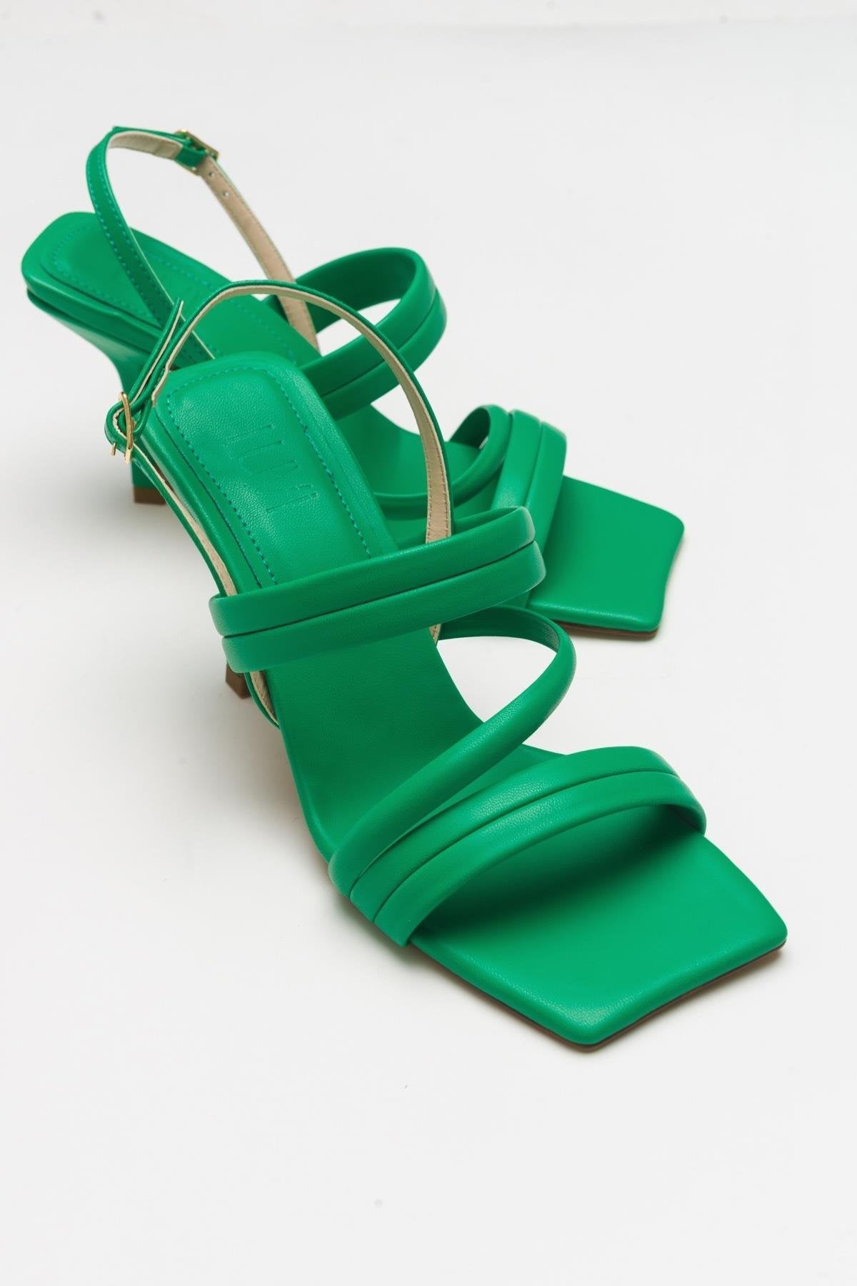 Heel - Green Heeled Sandal – front three-quarter view showing leather, green, Vowalisse
