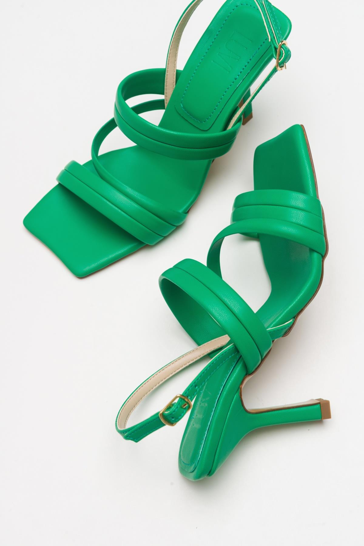 Heel - Green Heeled Sandal – detail view showing leather, green, Vowalisse