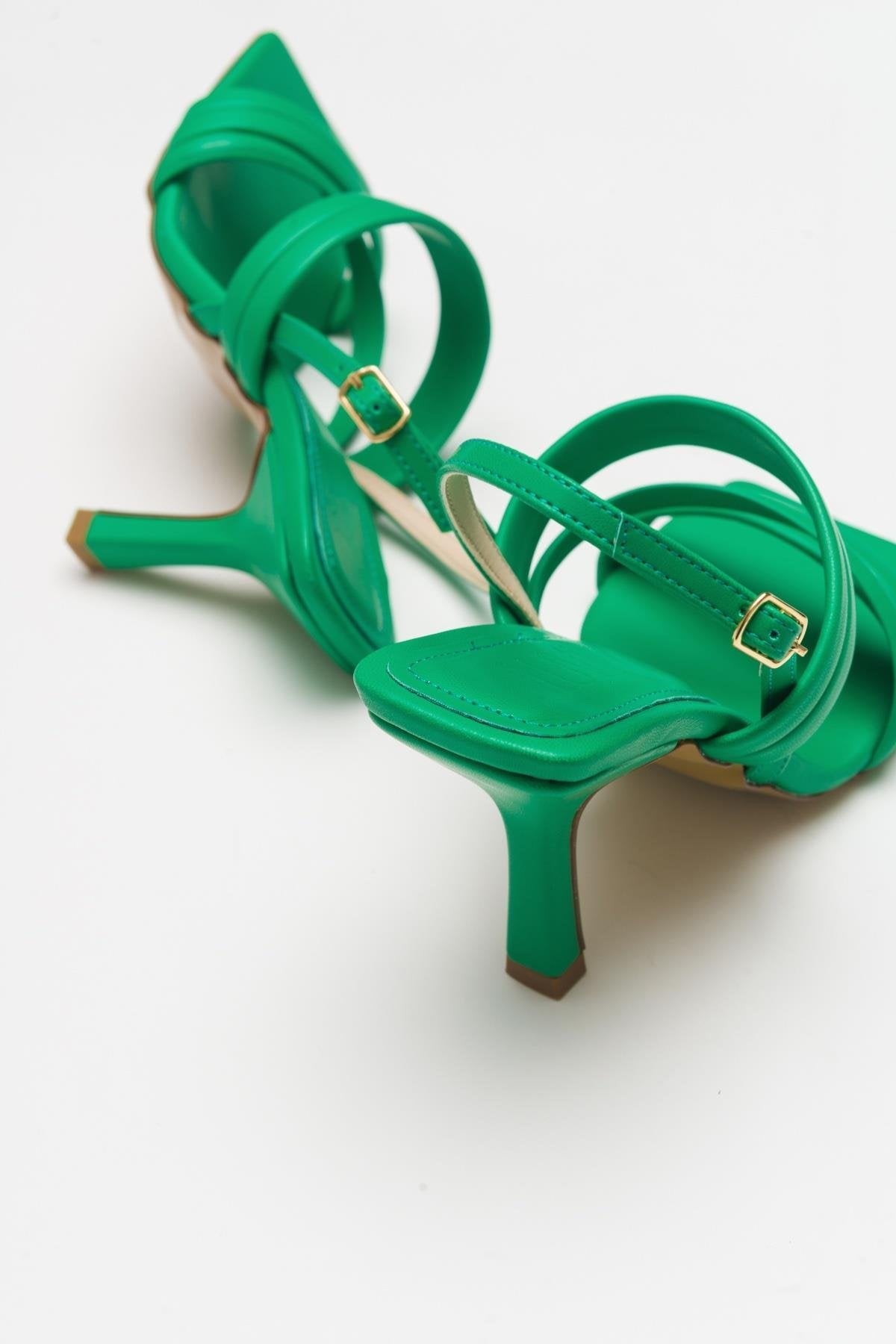 Heel - Green Heeled Sandal – back view showing leather, green, Vowalisse
