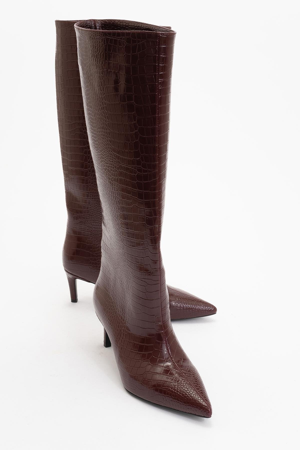 Cassandra Burgundy Pattern High‑Heel Boot – front three-quarter view showing leather, red, Vowalisse