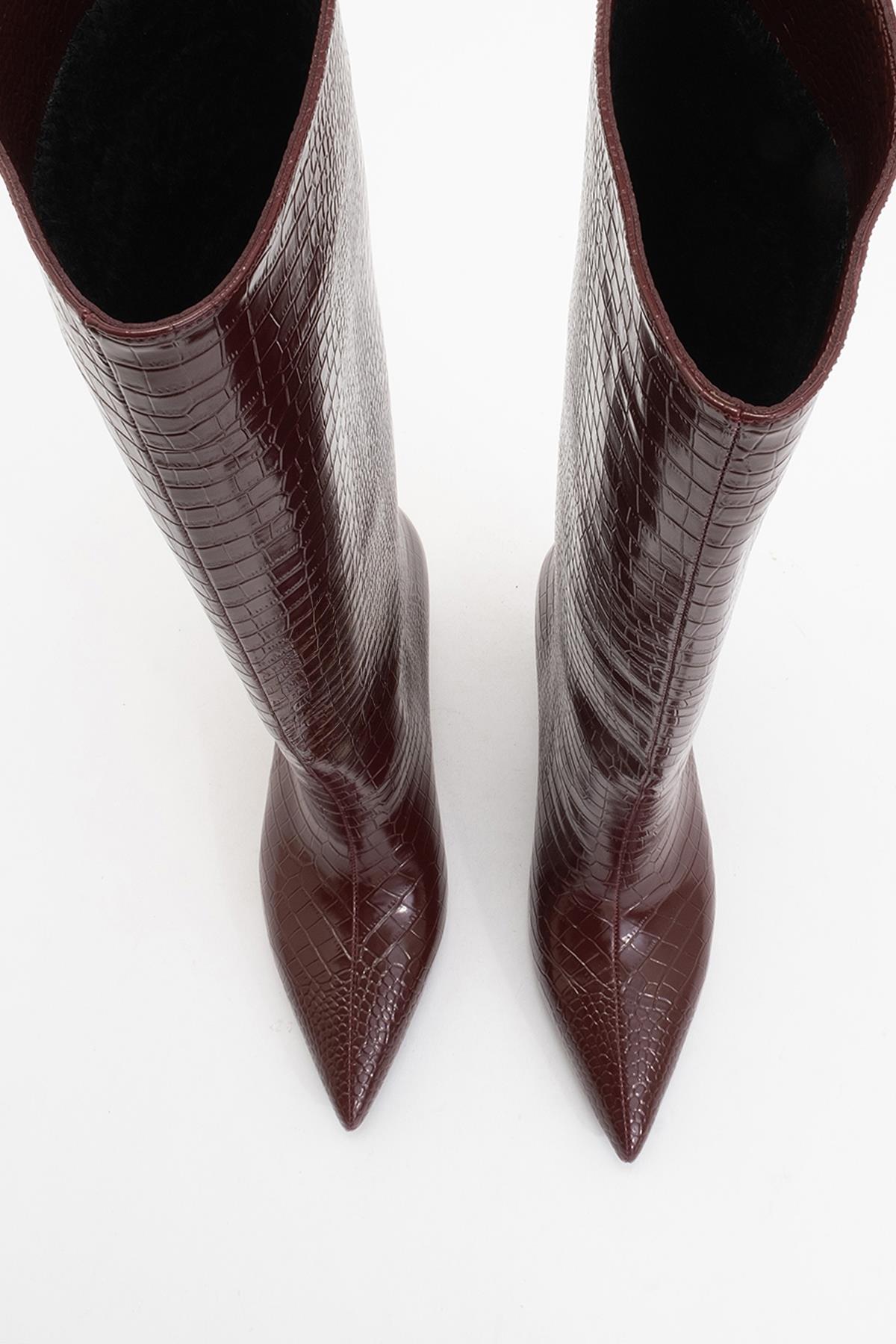 Cassandra Burgundy Pattern High‑Heel Boot – side view showing leather, red, Vowalisse