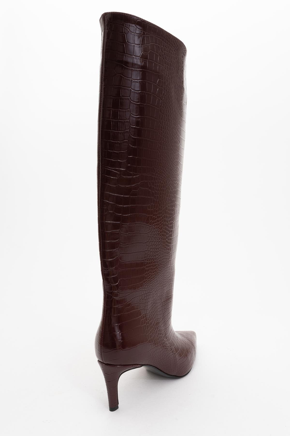 Cassandra Burgundy Pattern High‑Heel Boot – heel view showing leather, red, Vowalisse