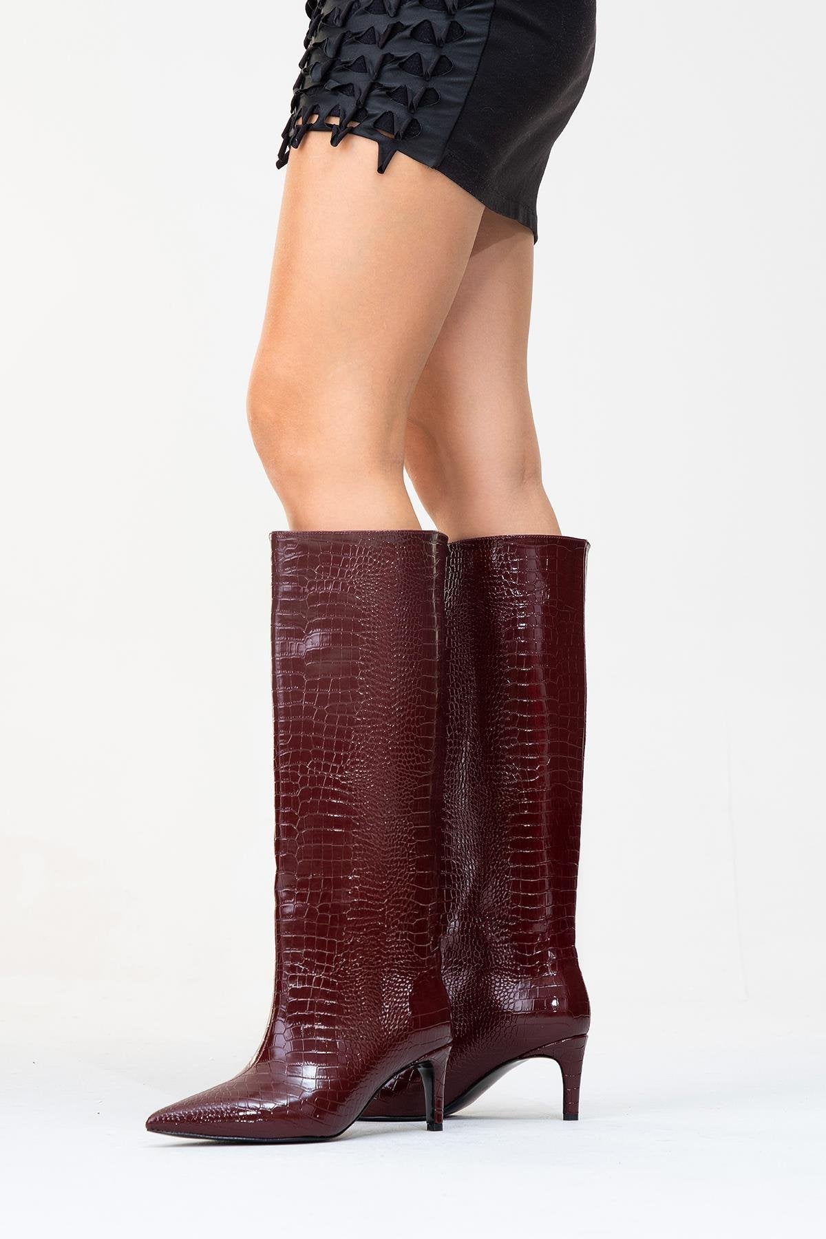 Cassandra Burgundy Pattern High‑Heel Boot – top view showing leather, red, Vowalisse