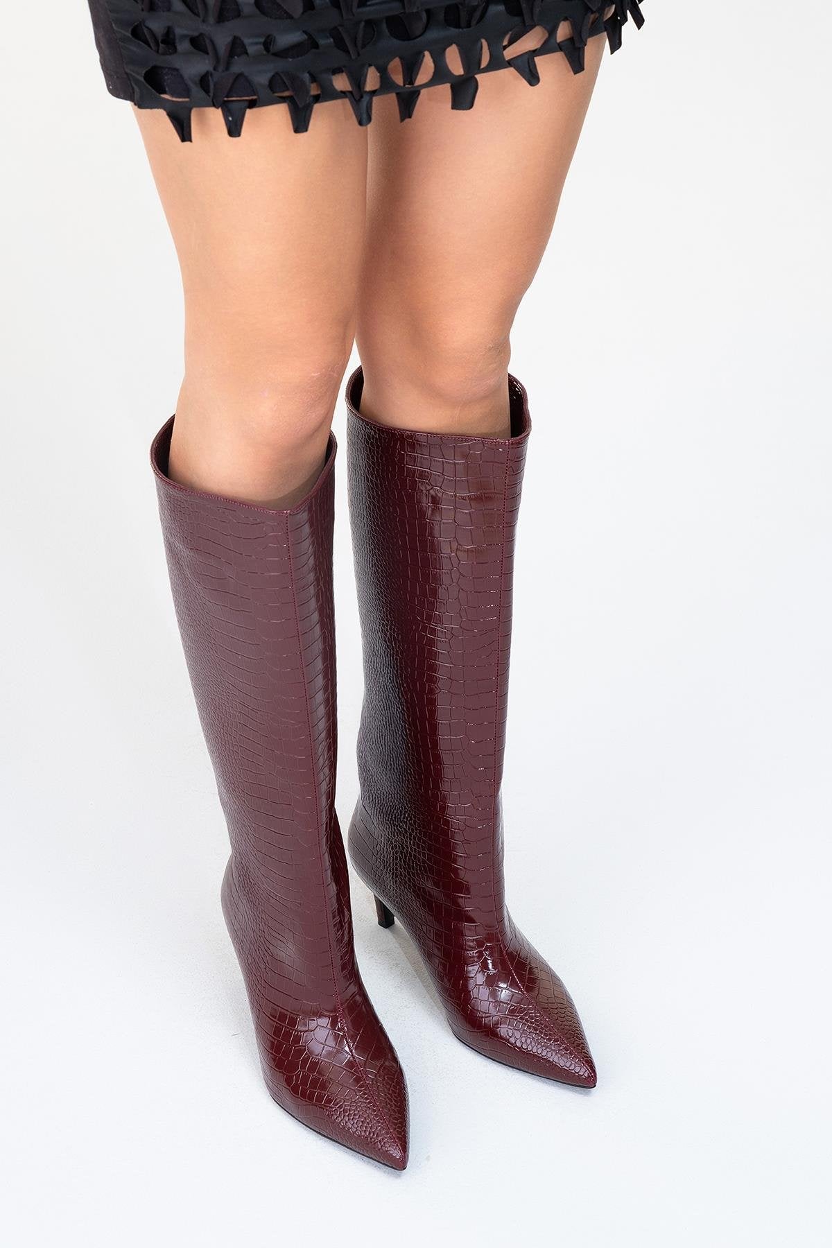 Cassandra Burgundy Pattern High‑Heel Boot – pair view showing leather, red, Vowalisse