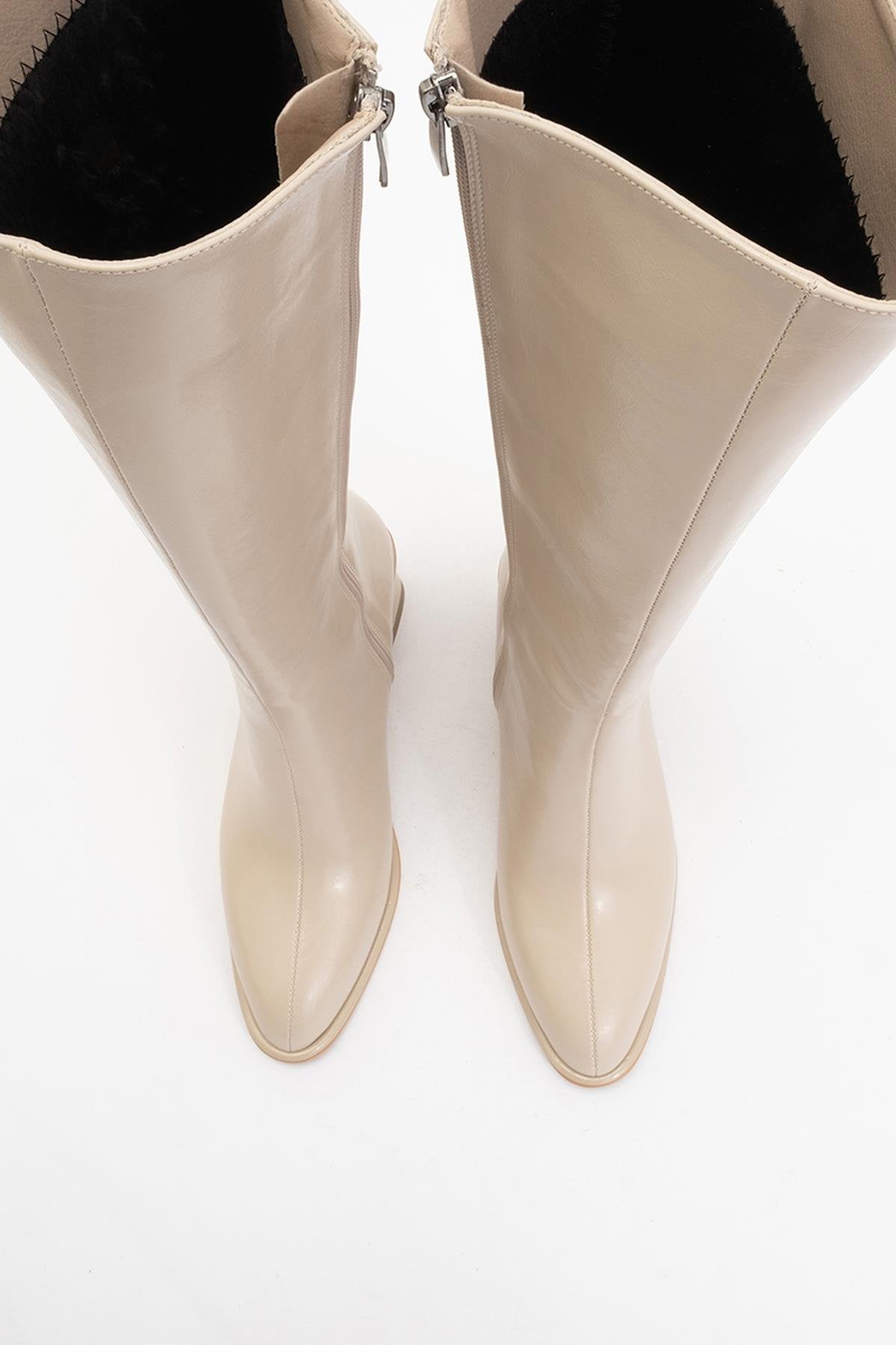 Paradis - Beige Block Heel Knee-High Boot – side view showing leather, Vowalisse