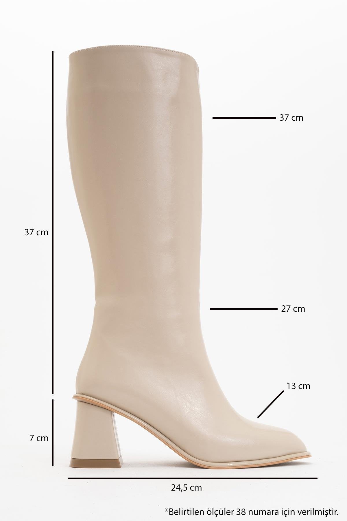 Paradis - Beige Block Heel Knee-High Boot – back view showing leather, Vowalisse