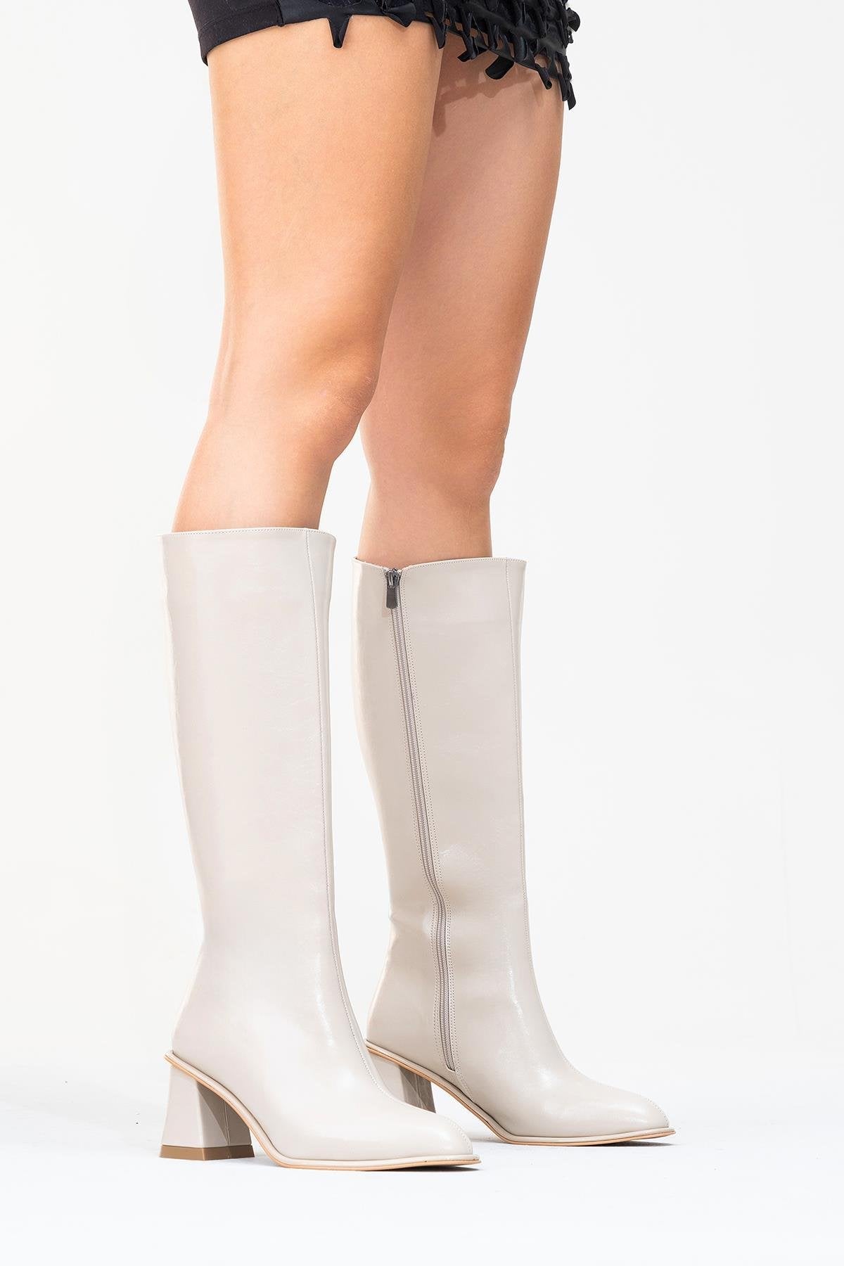 Paradis - Beige Block Heel Knee-High Boot – sole view showing leather, Vowalisse